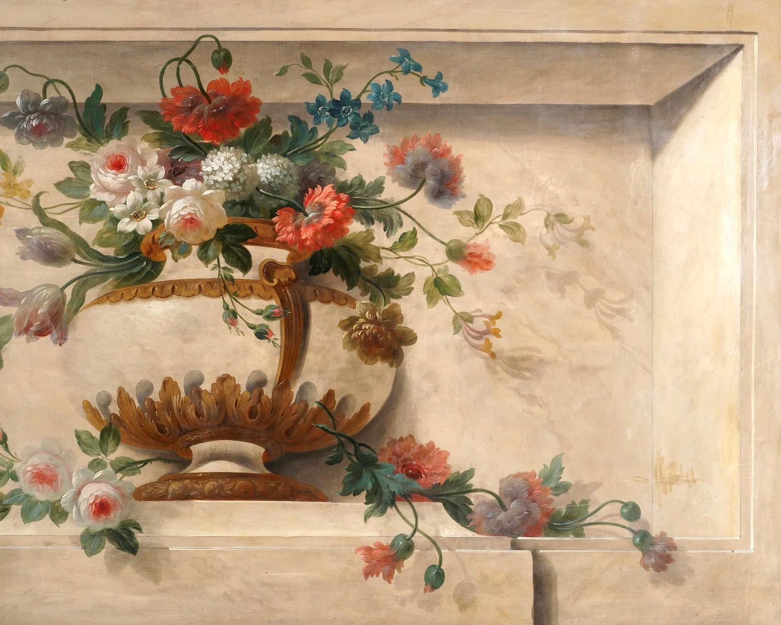 Rococo Large 19th Century French Overdoor Painting, Still Life Flowers For Sale