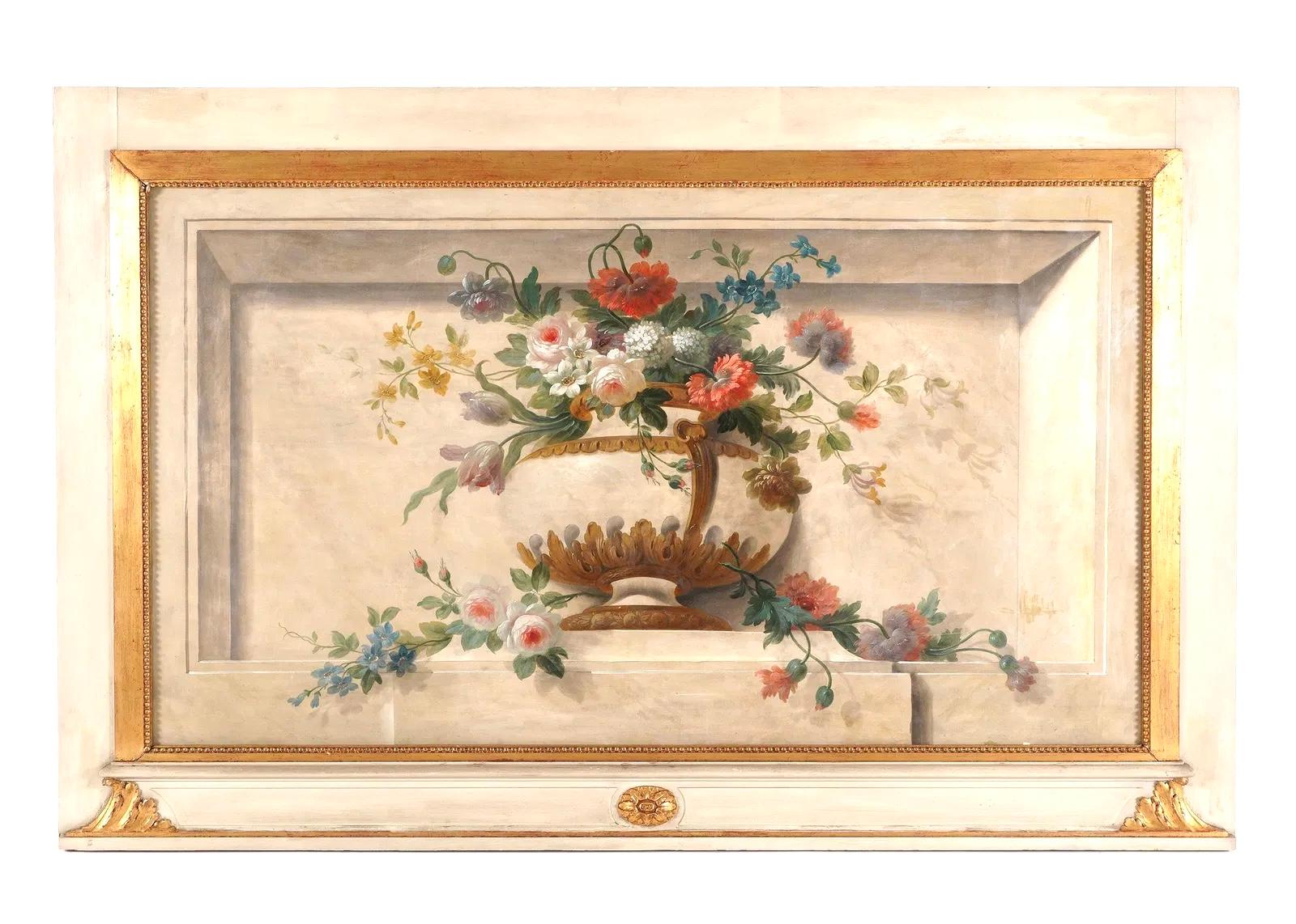 Canvas Large 19th Century French Overdoor Painting, Still Life Flowers For Sale