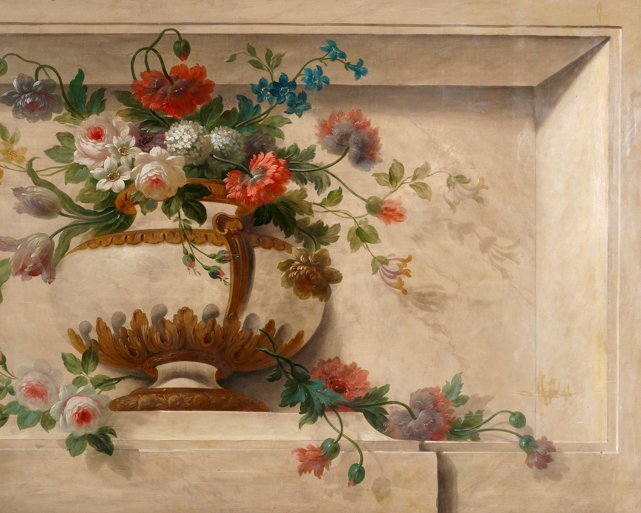 Large 19th Century French Overdoor Painting, Still Life Flowers For Sale 3