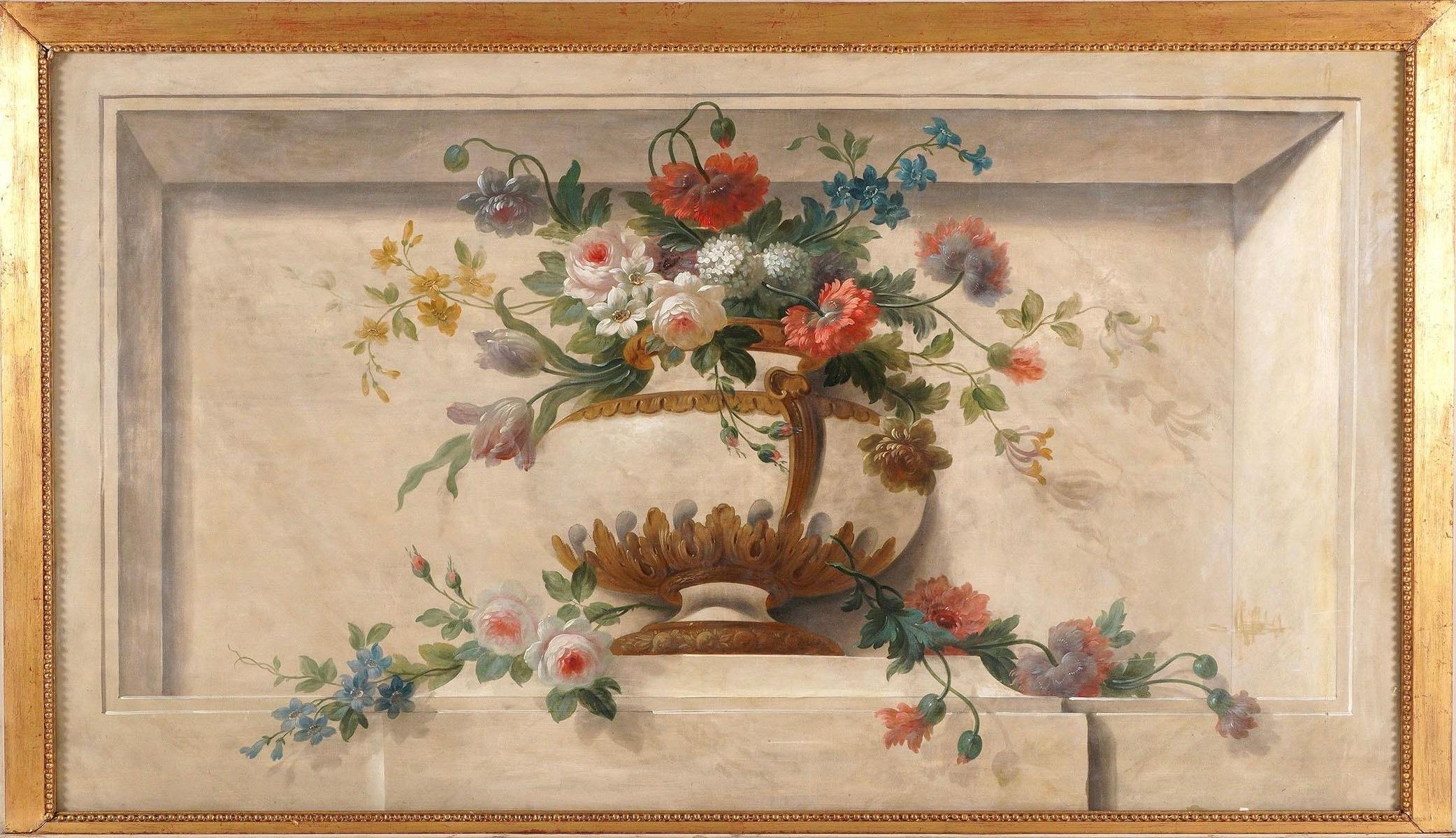 Large 19th Century French Overdoor Painting, Still Life Flowers For Sale 4