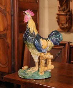 Gran Gallo de Barbotina Pintado en Francés del Siglo XIX Firmado Alfred Renoleau