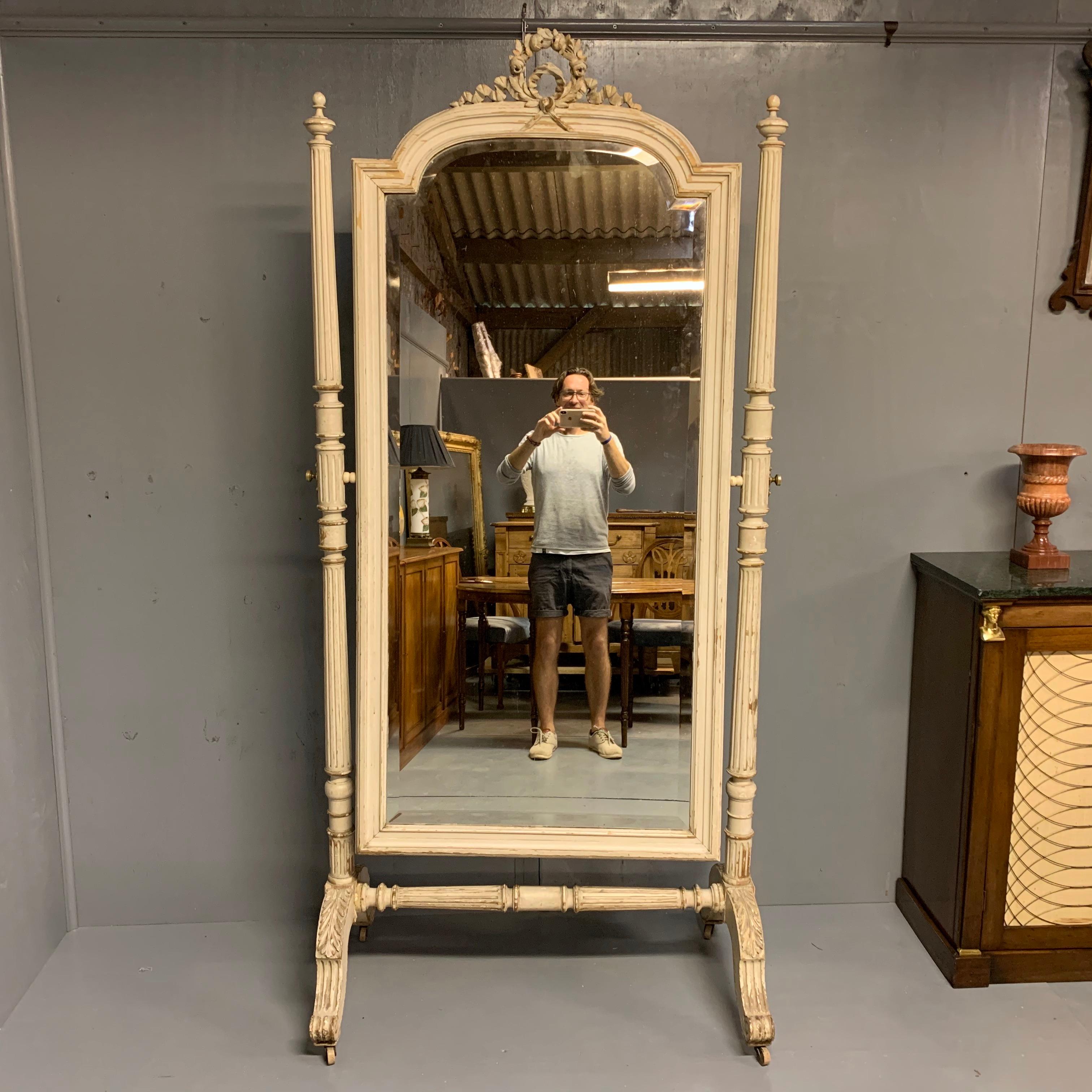 Large 19th Century French Painted Louis XVI Style Cheval Dressing Mirror For Sale 4