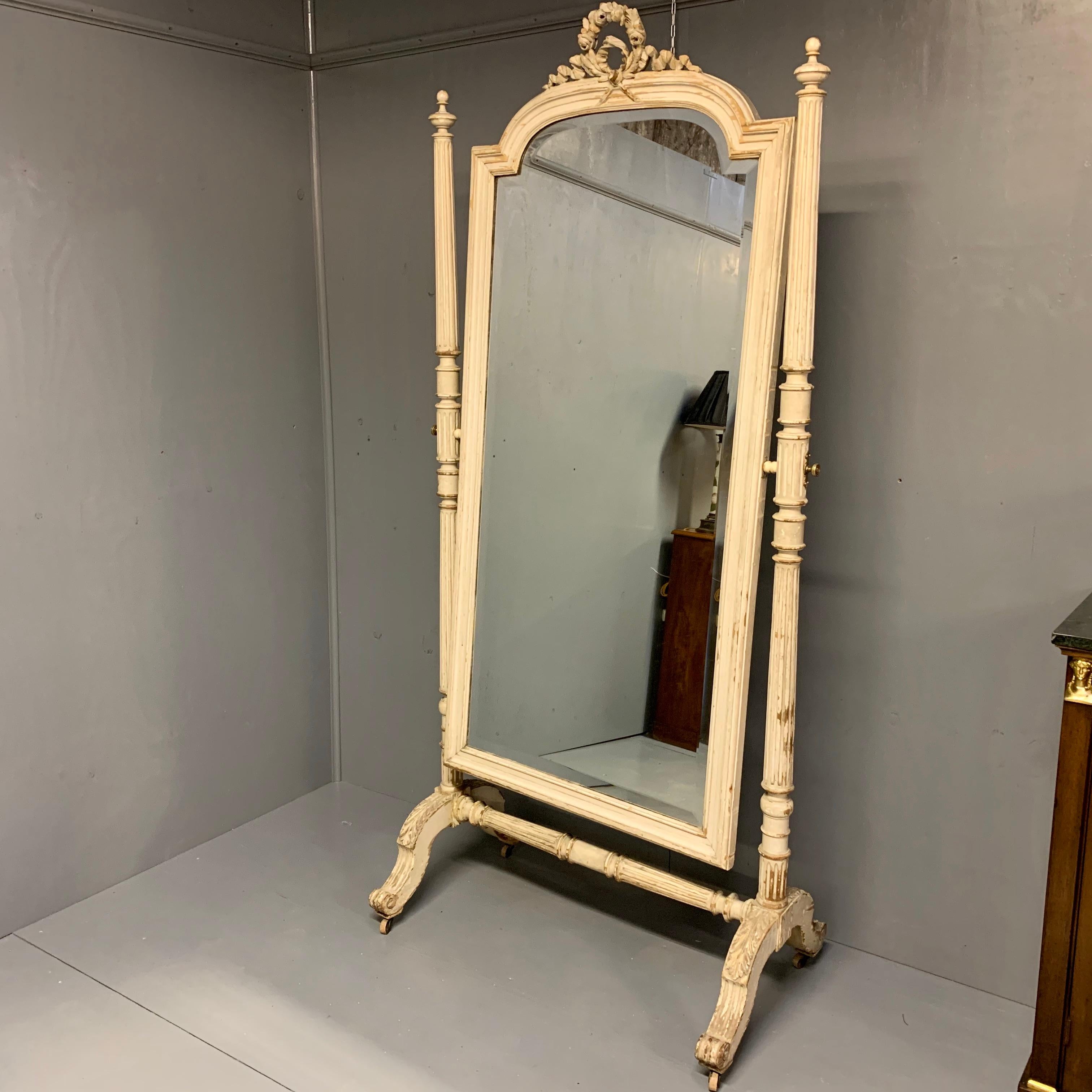 Large 19th Century French Painted Louis XVI Style Cheval Dressing Mirror For Sale 6