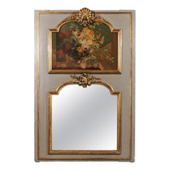 Large 19th Century French Painted Wood Floral Trumeau Mirror with Gilt Motifs