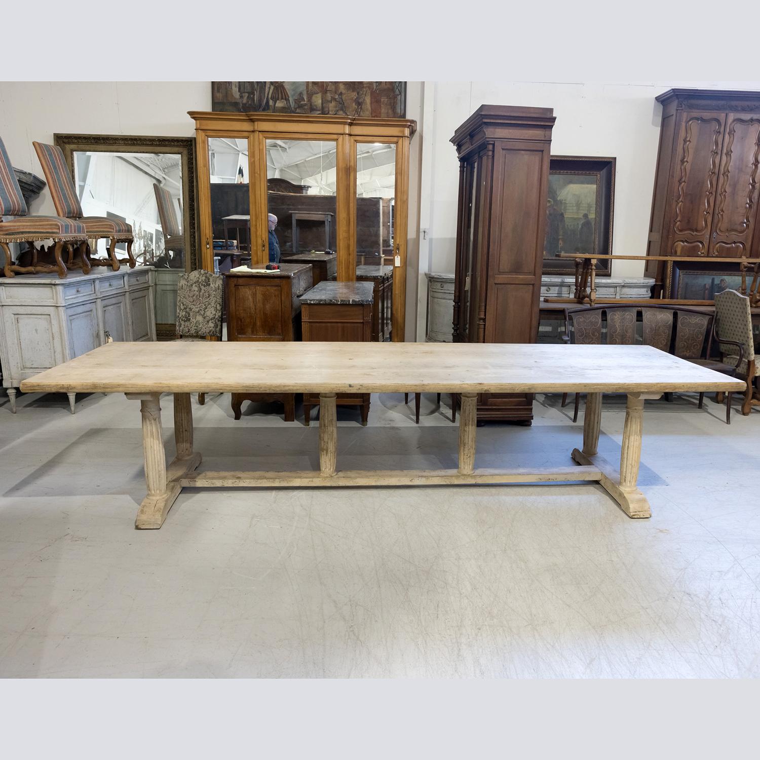 Large 19th Century French Provencal Bleached Oak Trestle Dining Table In Good Condition In Birmingham, AL