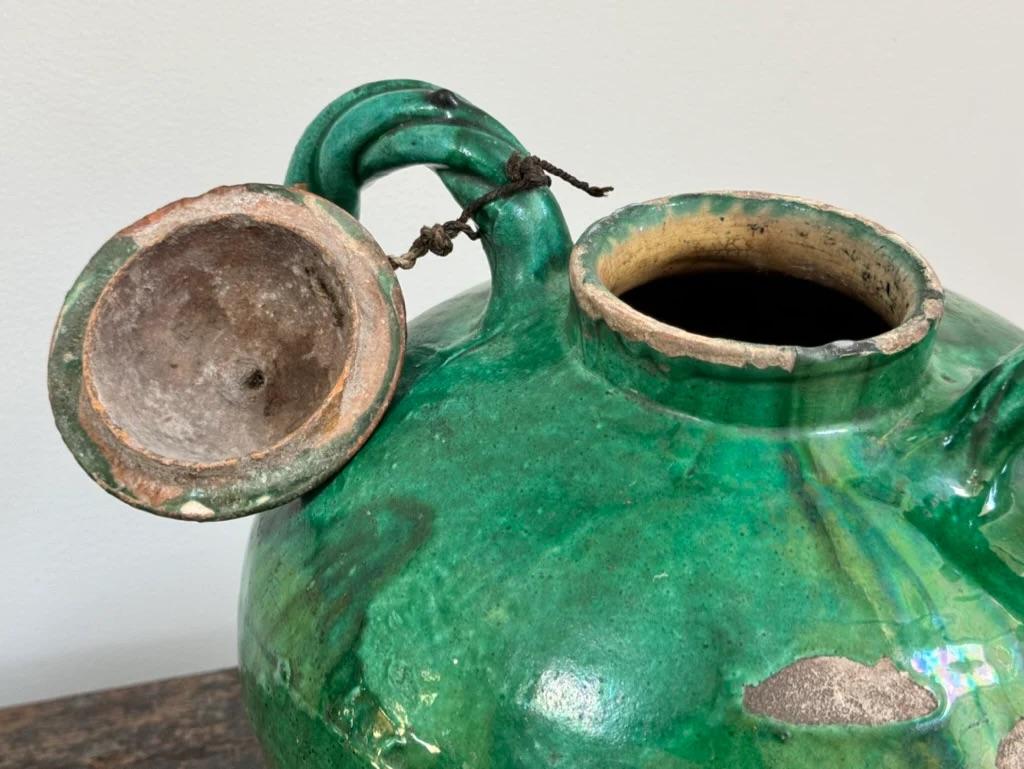 Large 19th Century French Provincial Green Pitcher with Lid In Good Condition In Charlottesville, VA