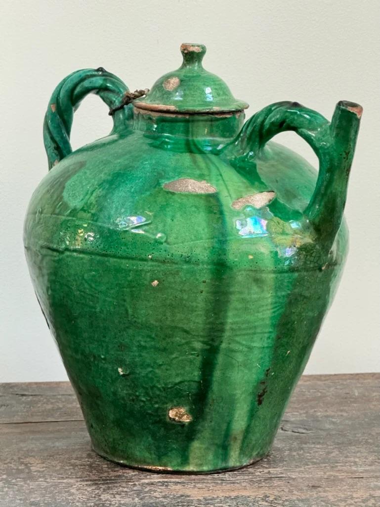 Ceramic Large 19th Century French Provincial Green Pitcher with Lid