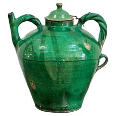 Antique Large 19th Century French Provincial Green Pitcher with Lid