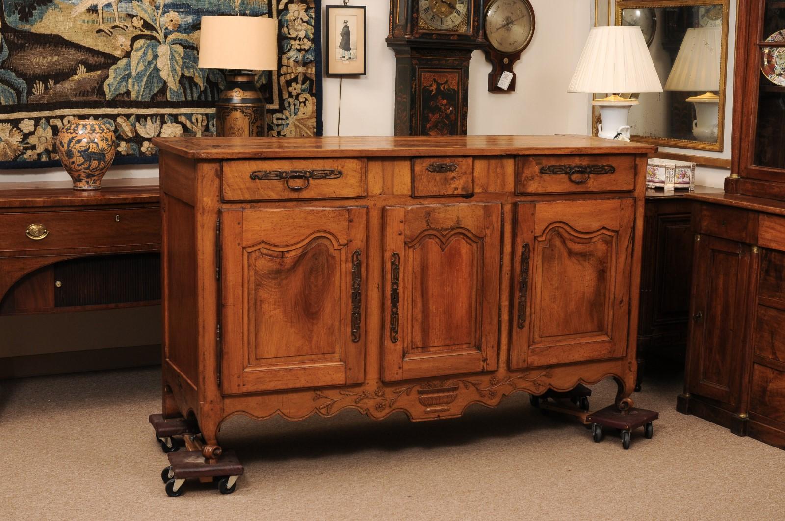 Large 19th Century French Provincial Louis XV Walnut Enfilade with 3 Drawers & 3 Doors