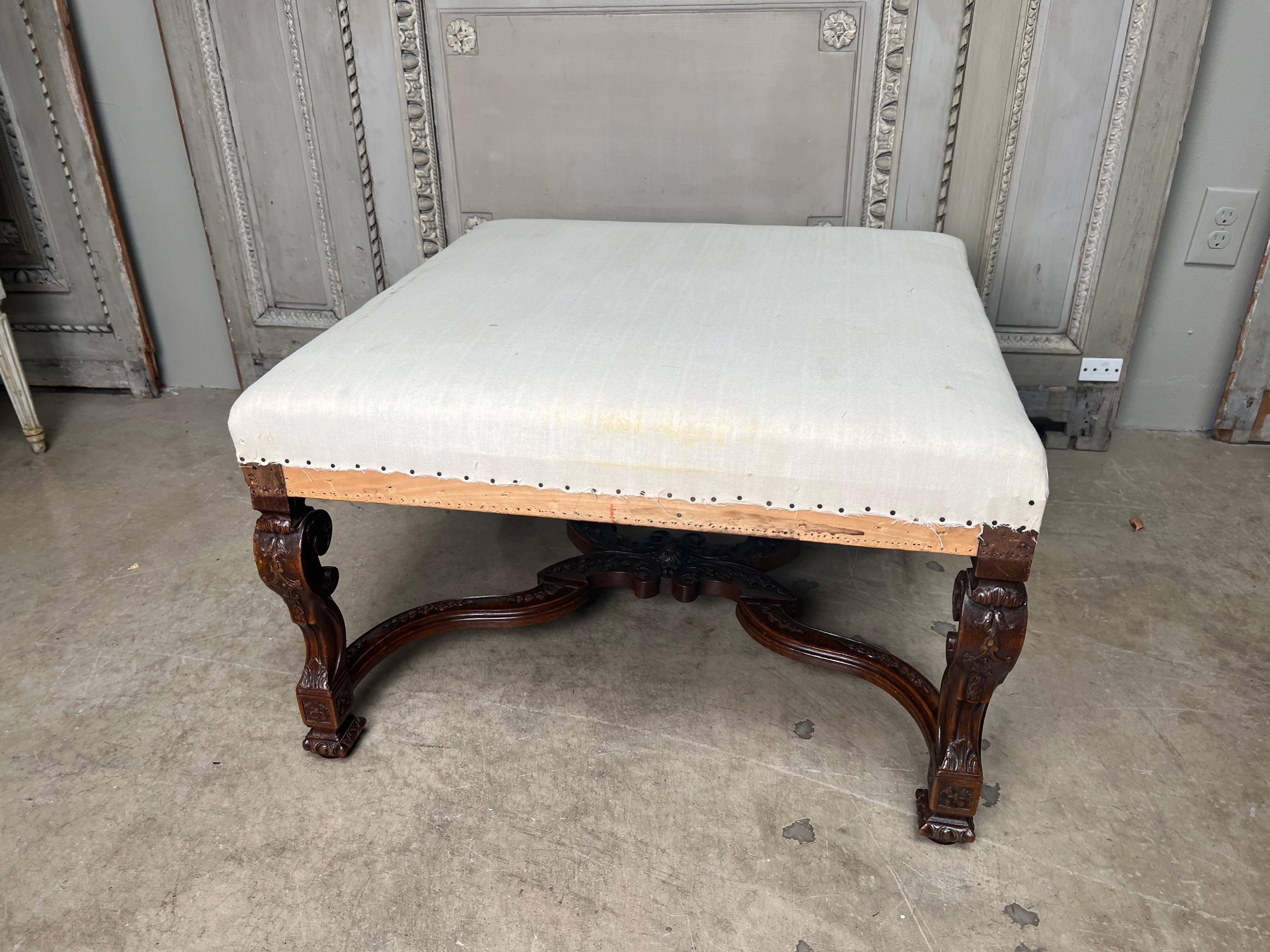 Large 19th Century French Regence Style Carved Walnut Ottoman In Good Condition For Sale In Dallas, TX