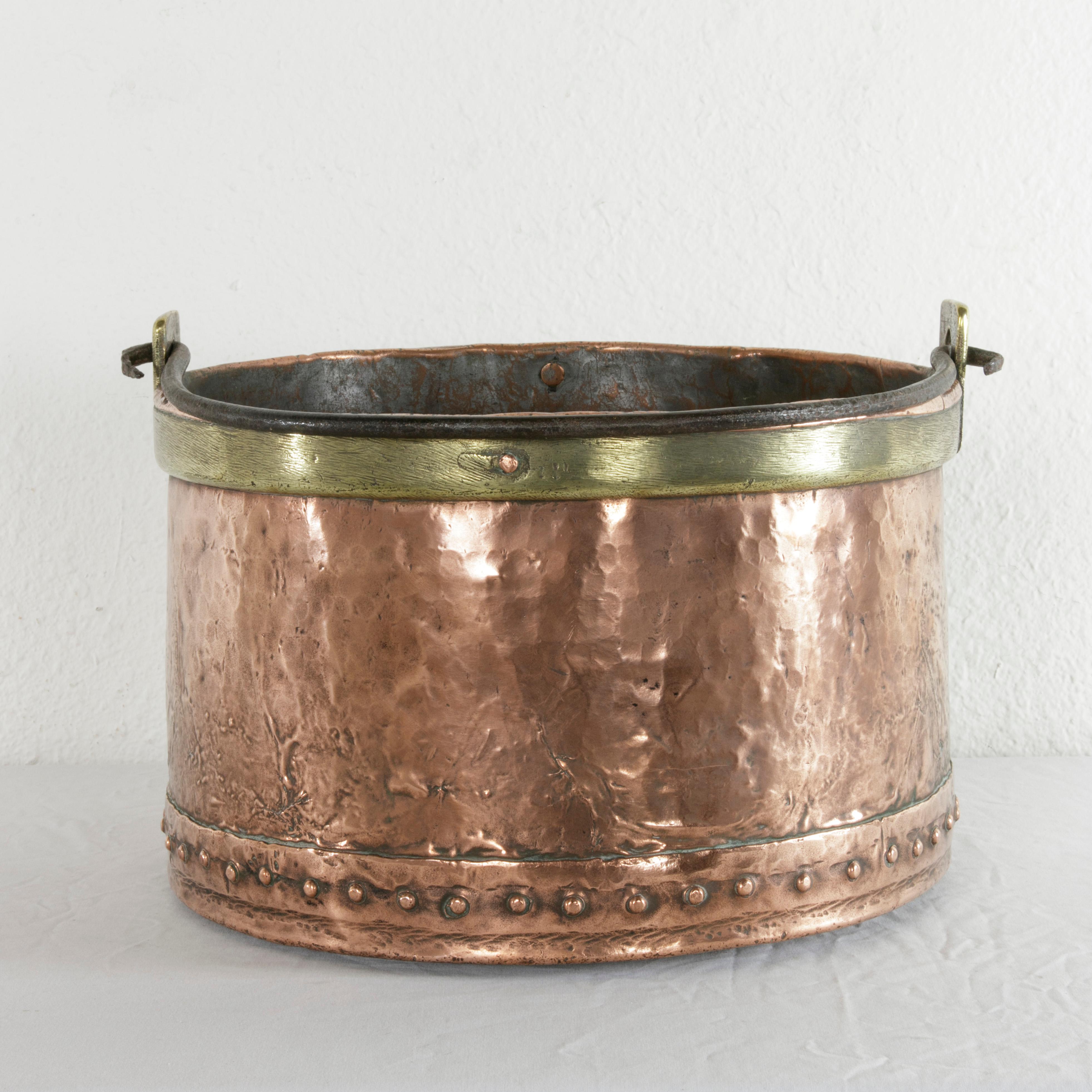 Forged Large 19th Century French Riveted Copper Cauldron with Brass Banding and Handle