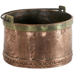 Large 19th Century French Riveted Copper Cauldron with Brass Banding and Handle