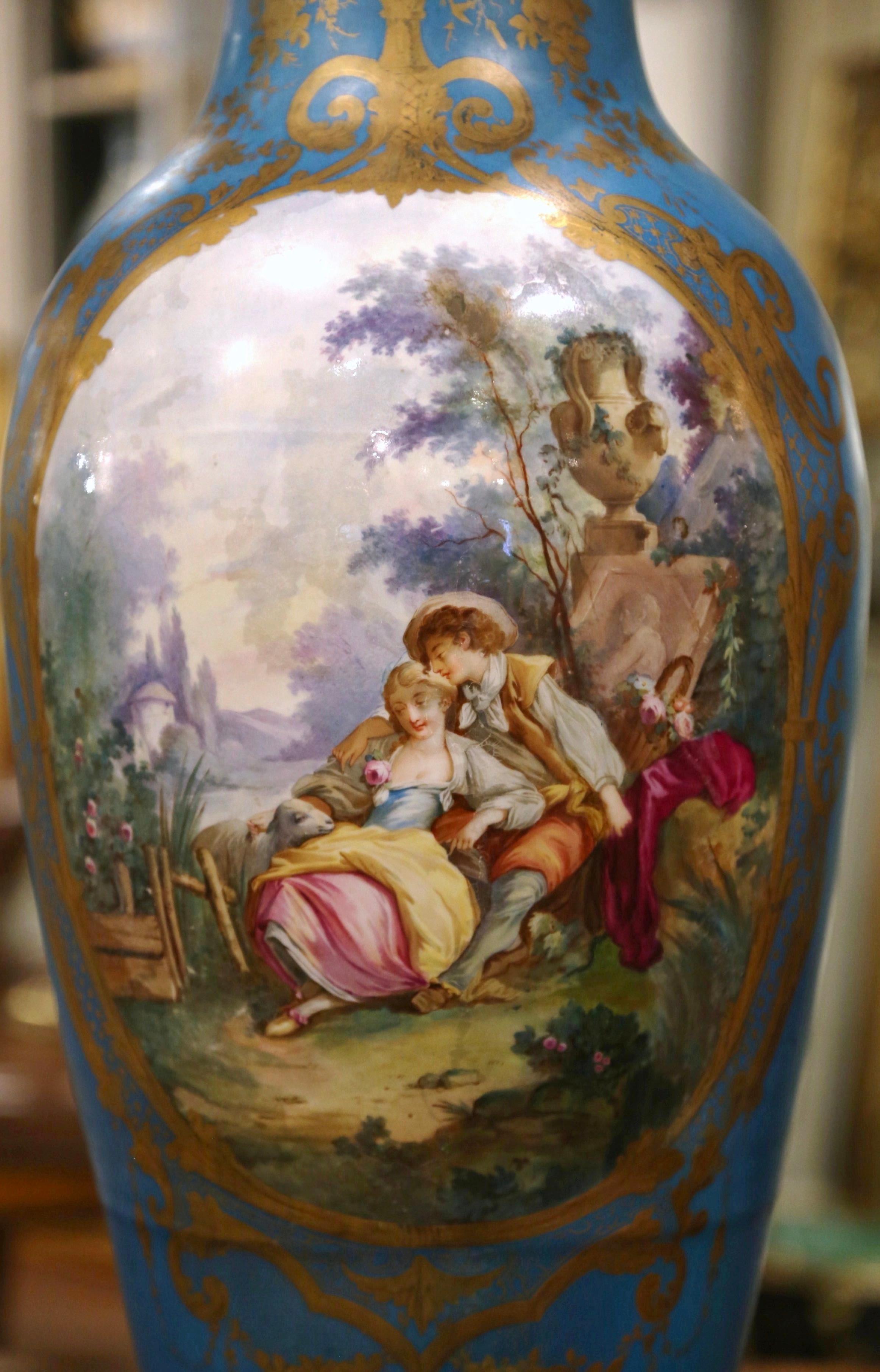 Louis XVI Large 19th Century French Sèvres Hand Painted Bronze Mounted Porcelain Vase For Sale
