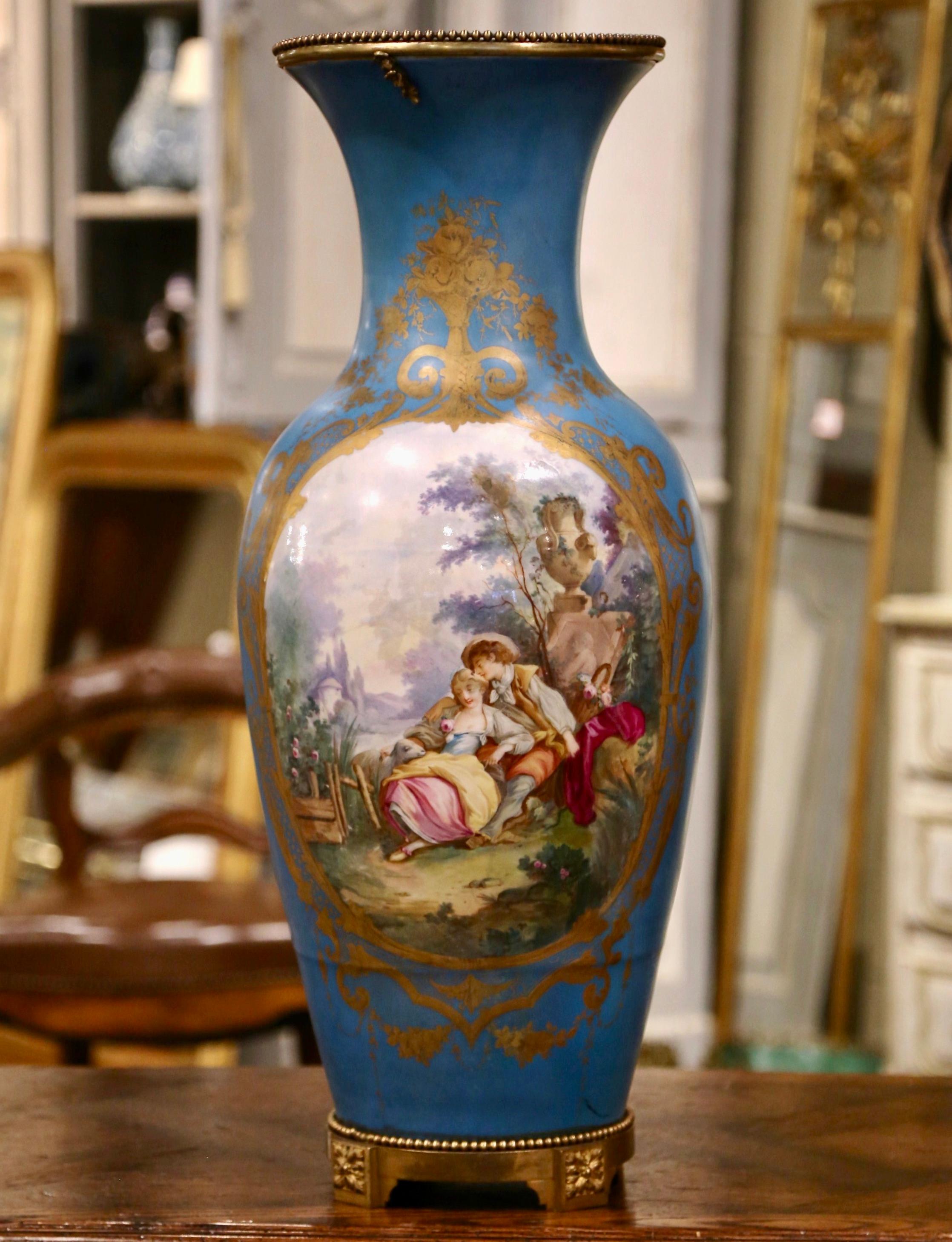 Large 19th Century French Sèvres Hand Painted Bronze Mounted Porcelain Vase For Sale 1
