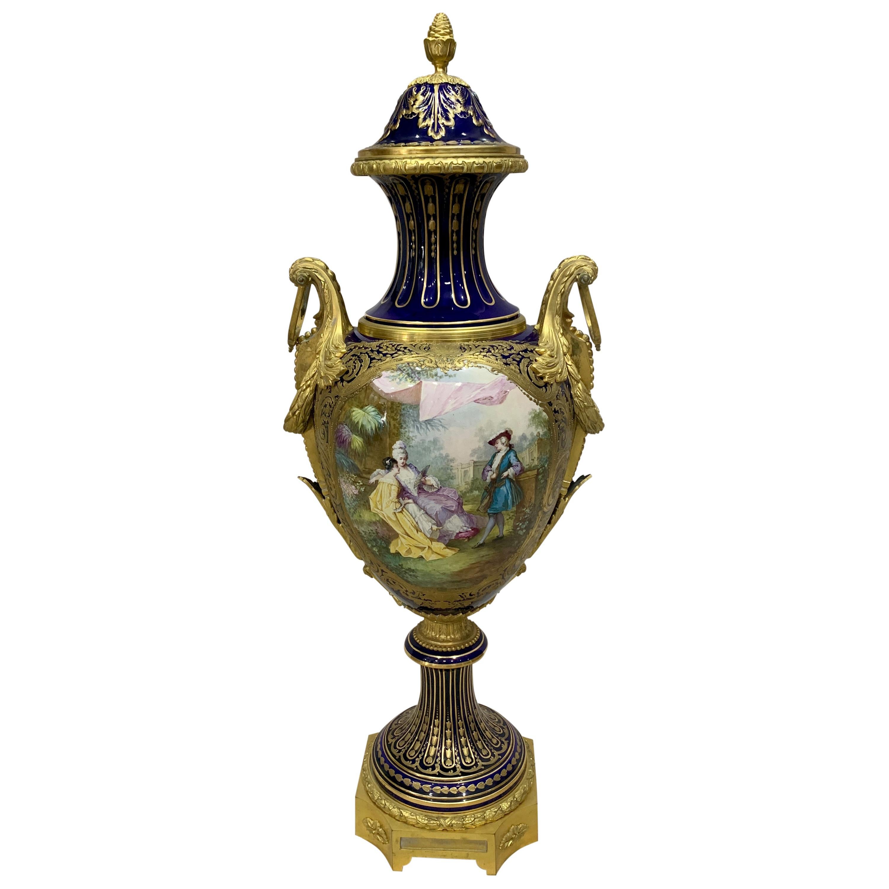 Large 19th Century French Sevres Ormolu Mounted Porcelain Covered Vase