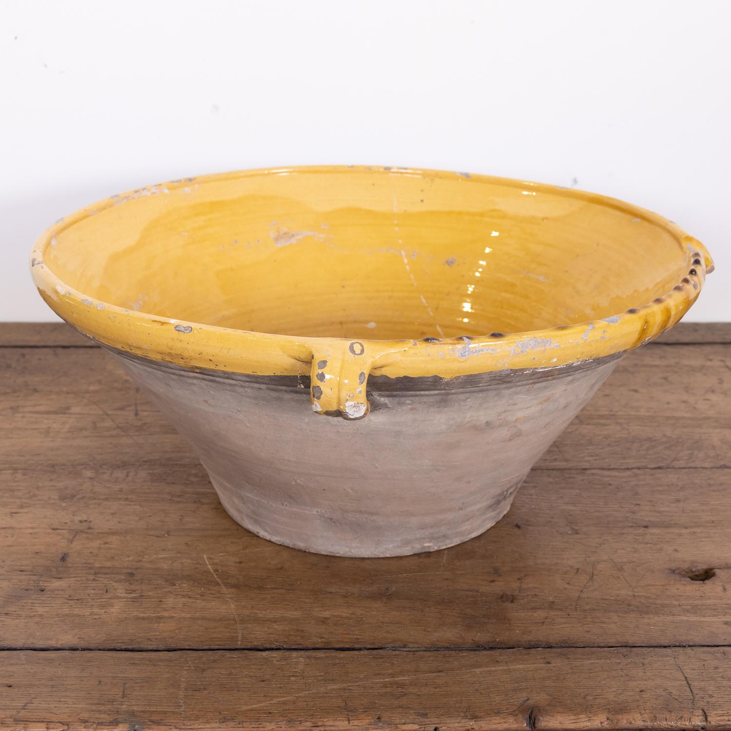 Glazed Large 19th Century French Terracotta Tian Bowl with Bright Yellow Glaze