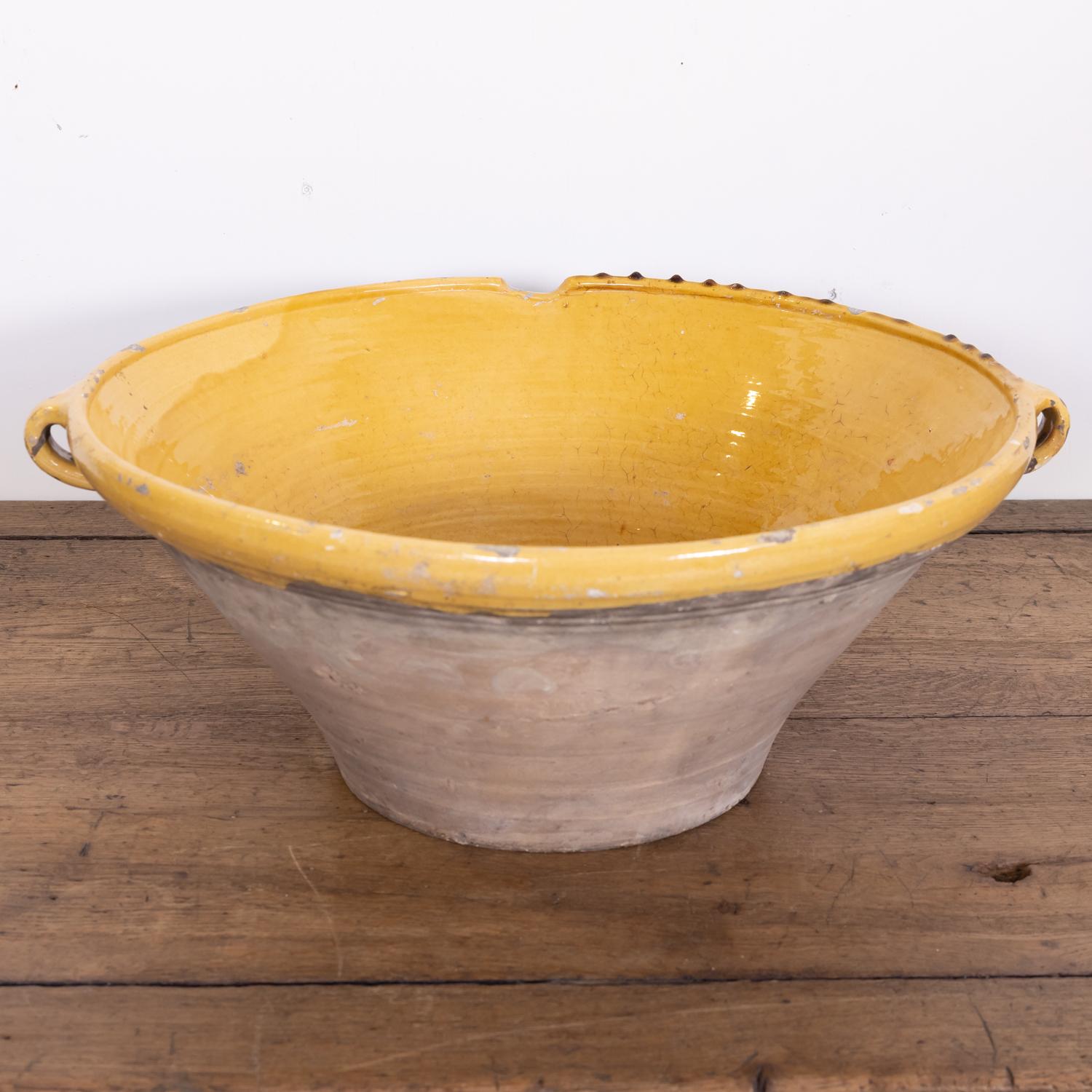 Large 19th Century French Terracotta Tian Bowl with Bright Yellow Glaze In Good Condition In Birmingham, AL