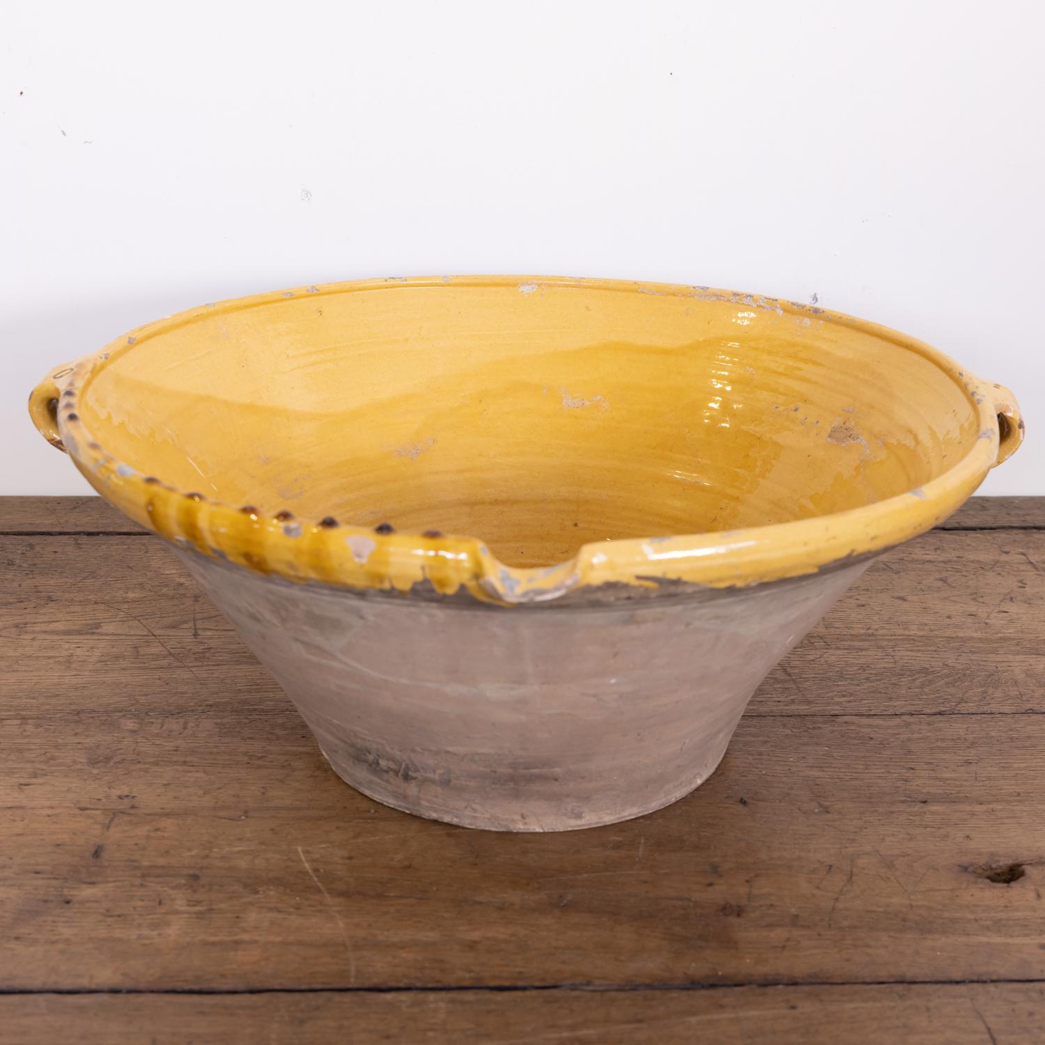 Large 19th Century French Terracotta Tian Bowl with Bright Yellow Glaze 2