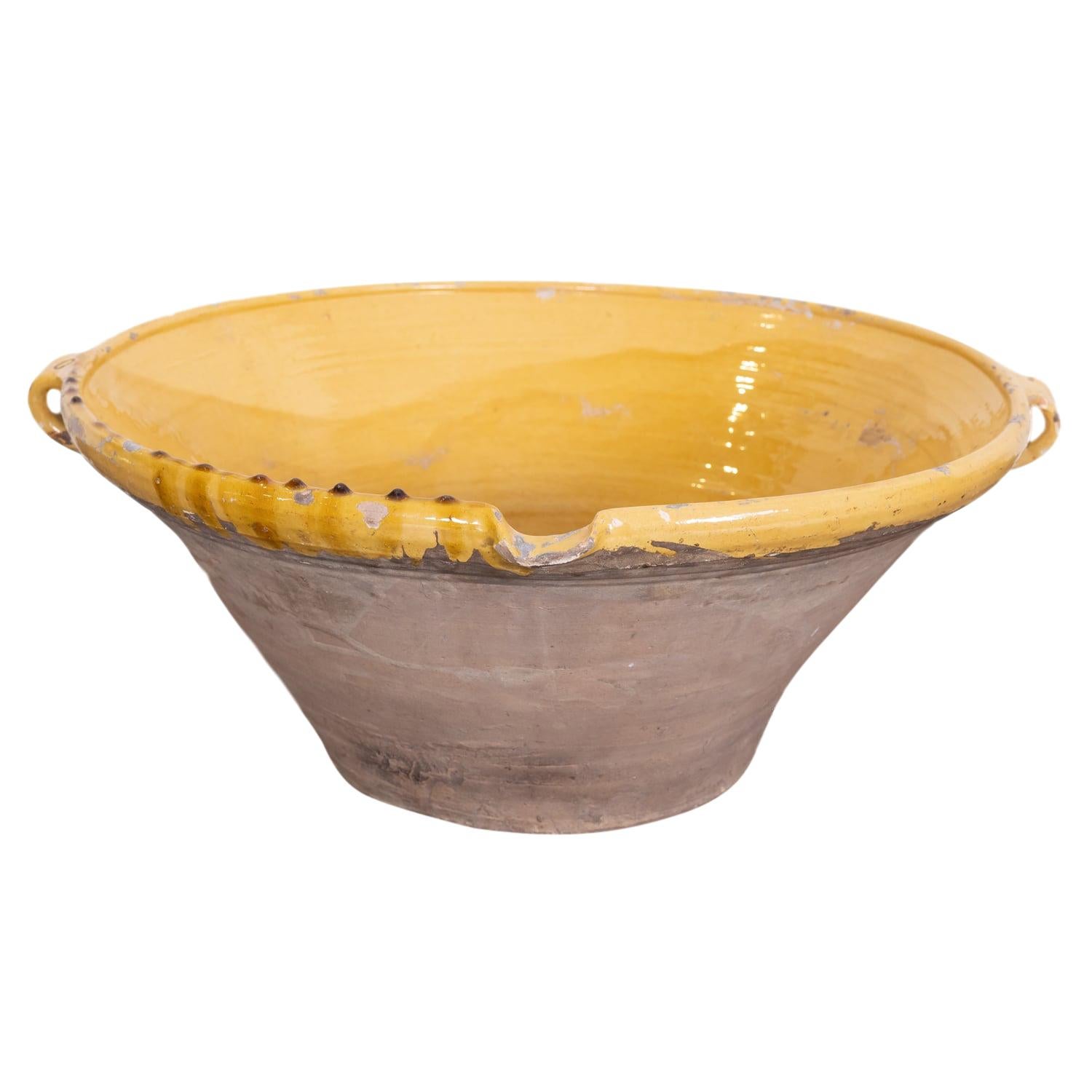 Large 19th Century French Terracotta Tian Bowl with Bright Yellow Glaze