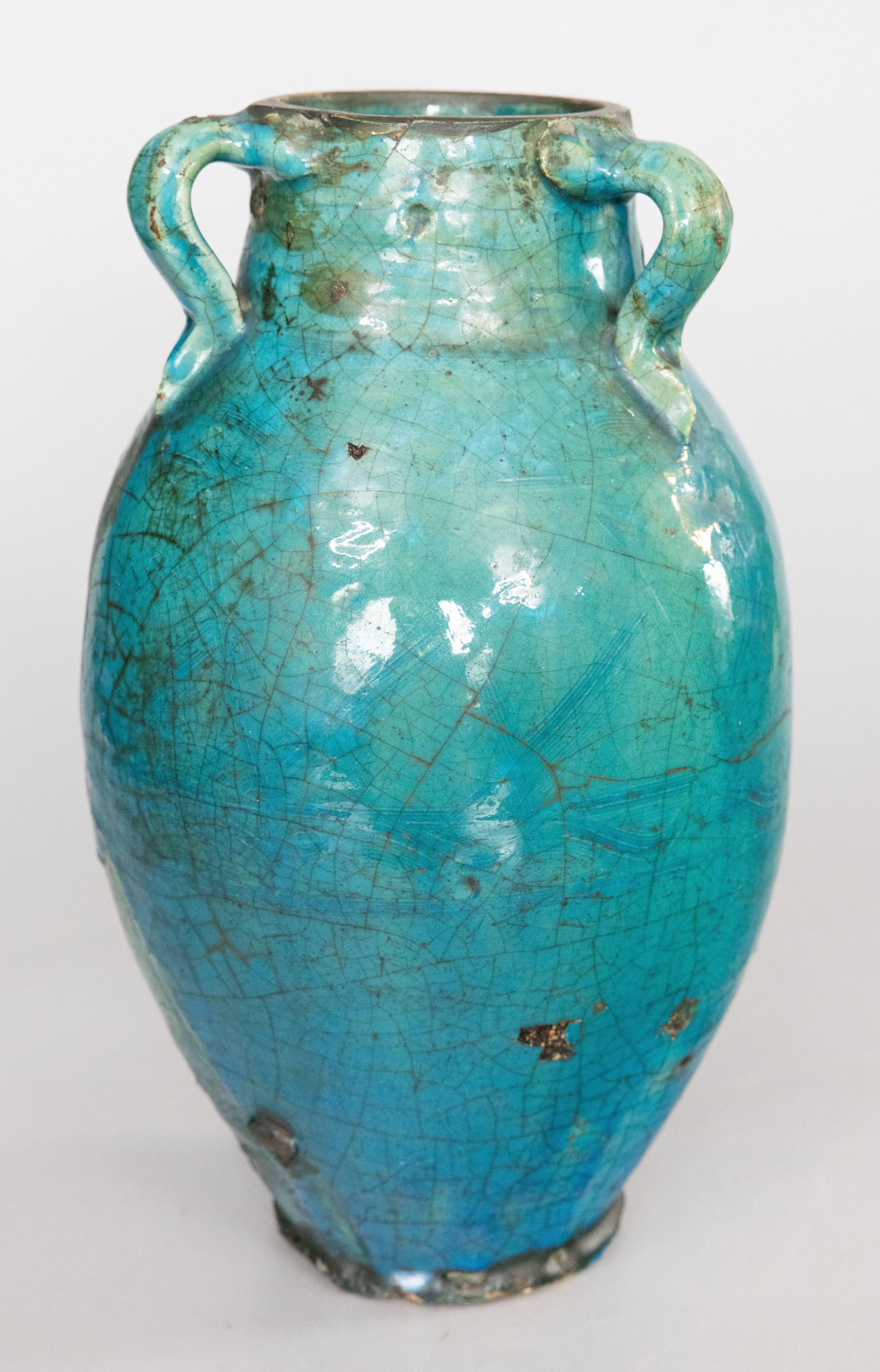 French Provincial Large 19th Century French Turquoise Glazed Terracotta Vase Urn Olive Jar For Sale