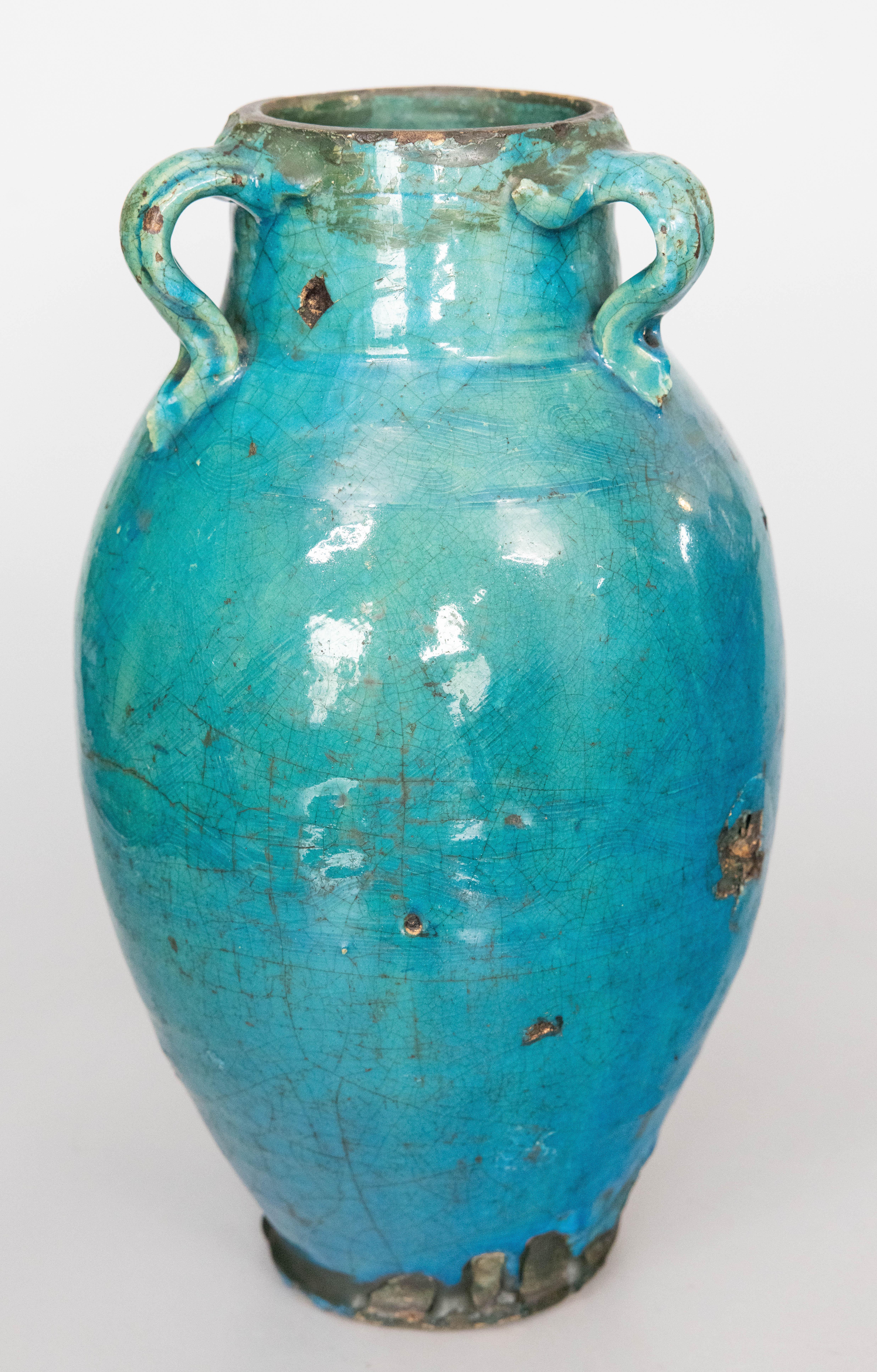 Large 19th Century French Turquoise Glazed Terracotta Vase Urn Olive Jar In Good Condition For Sale In Pearland, TX