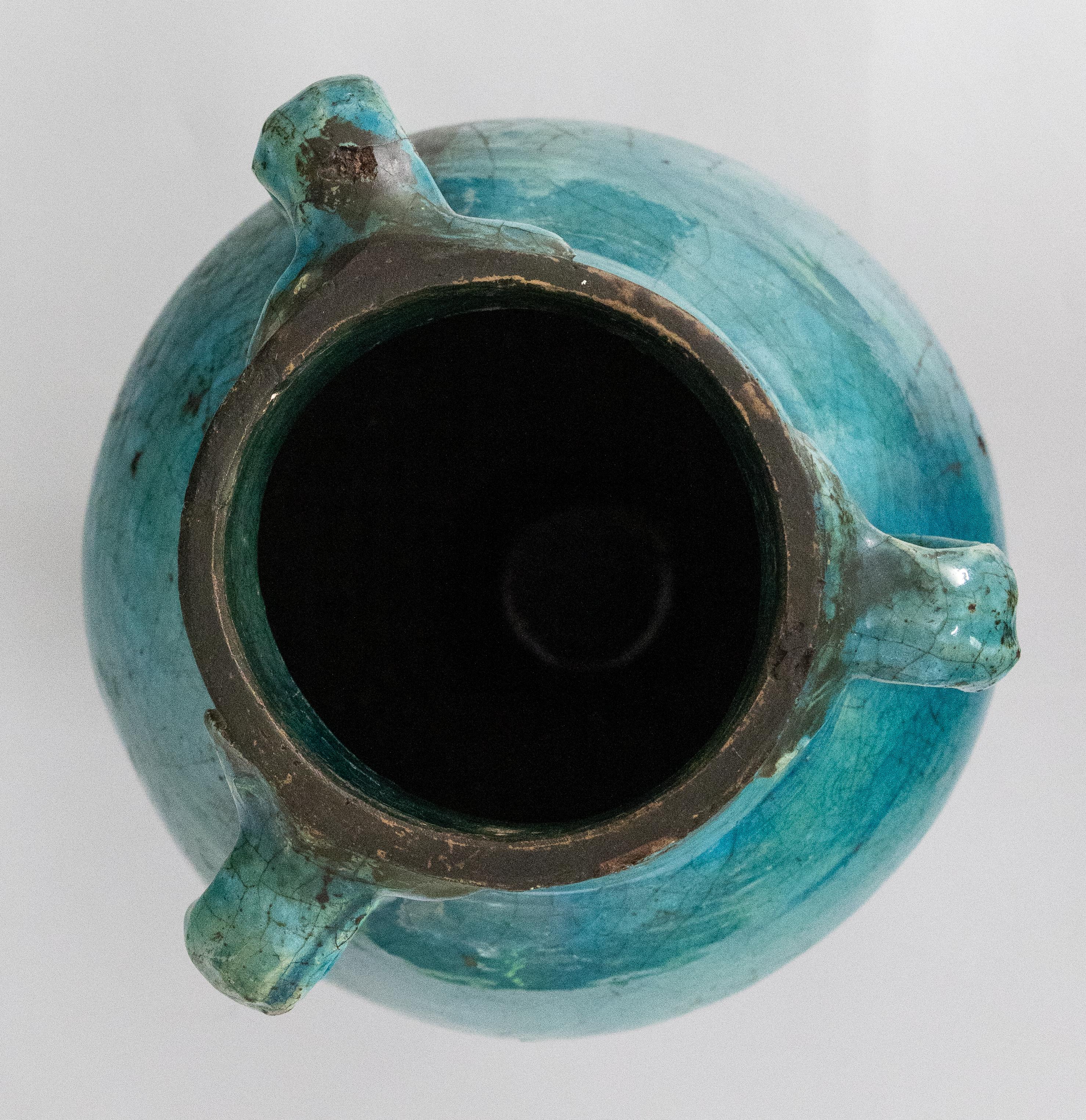 Large 19th Century French Turquoise Glazed Terracotta Vase Urn Olive Jar For Sale 1