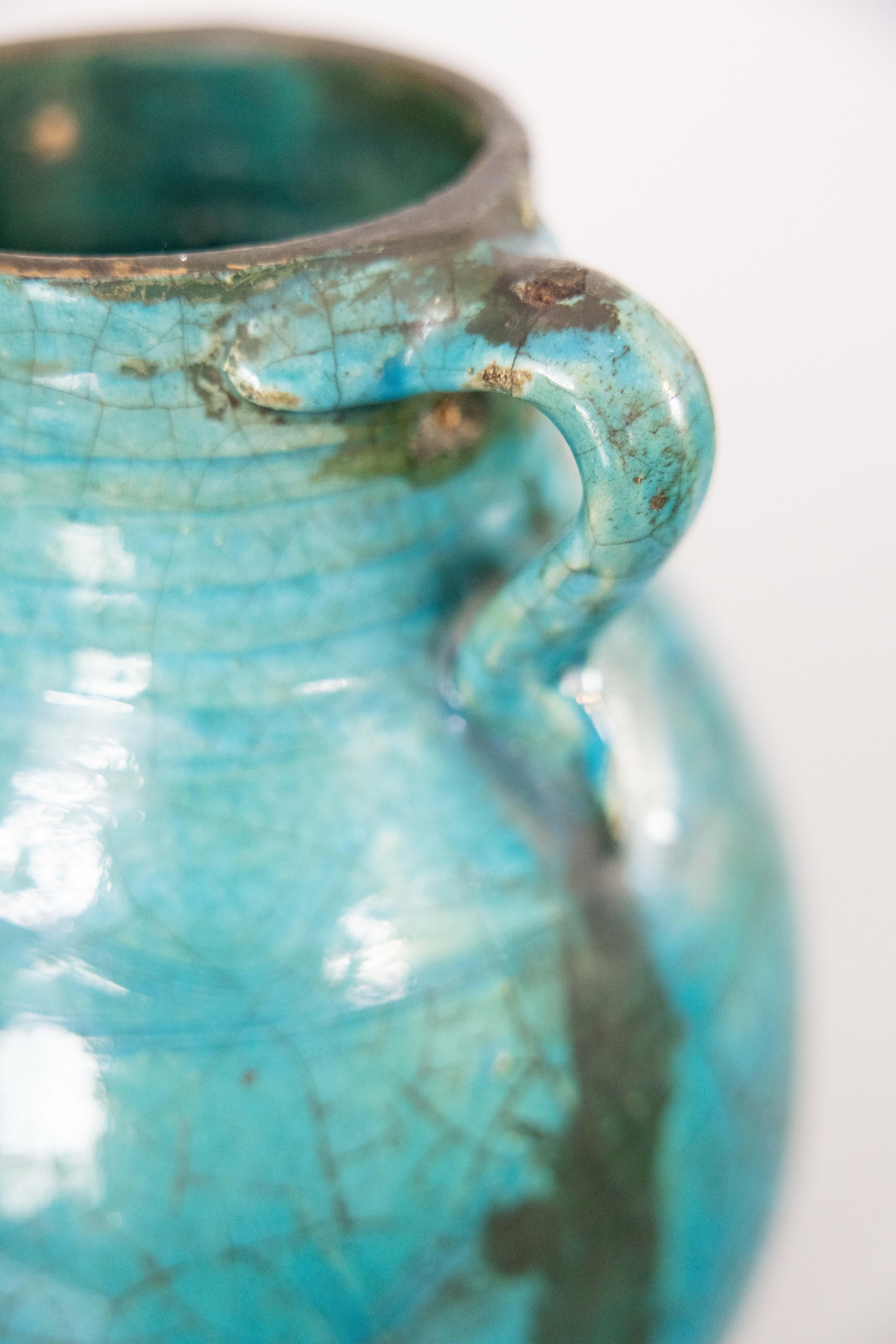 Large 19th Century French Turquoise Glazed Terracotta Vase Urn Olive Jar For Sale 2