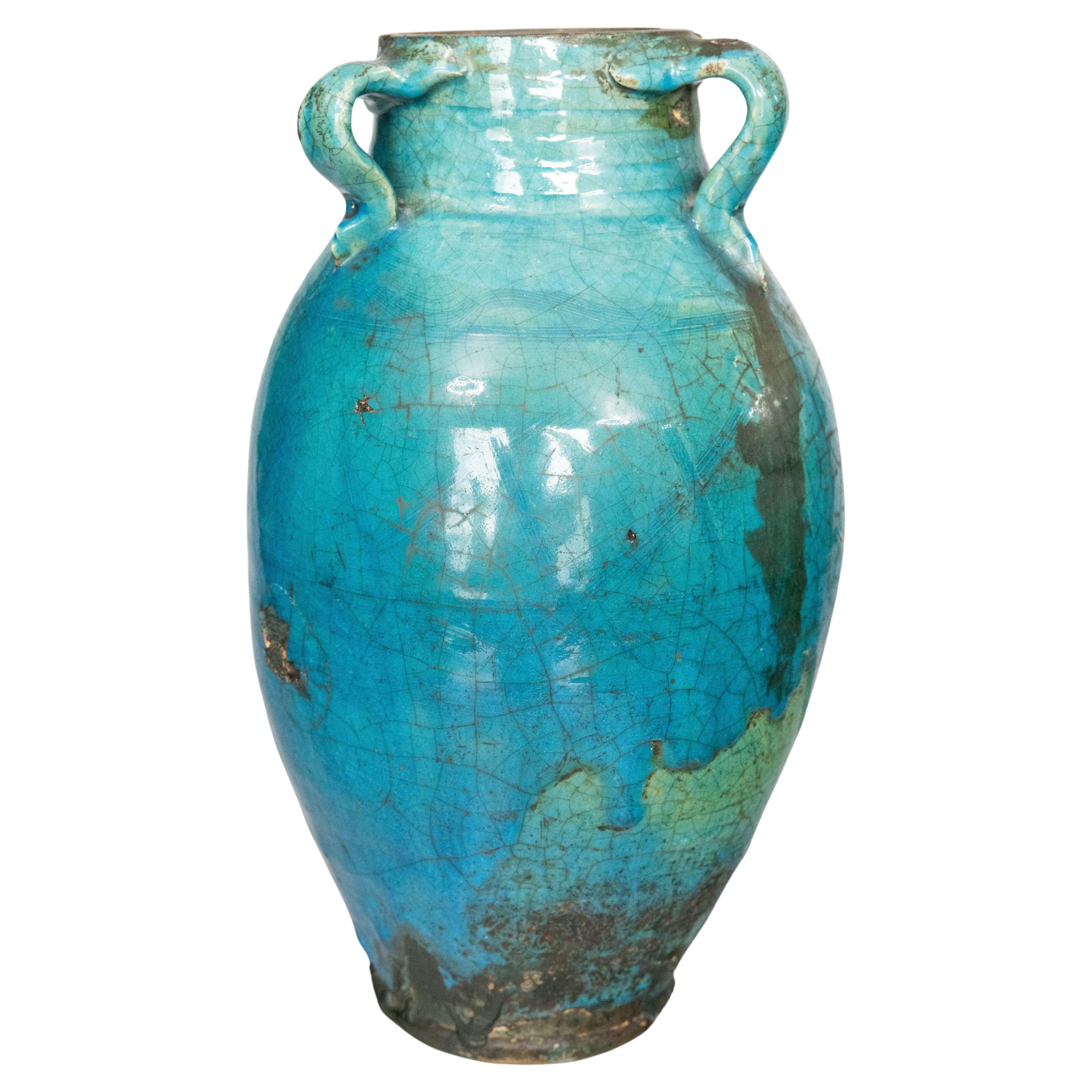 Large 19th Century French Turquoise Glazed Terracotta Vase Urn Olive Jar For Sale
