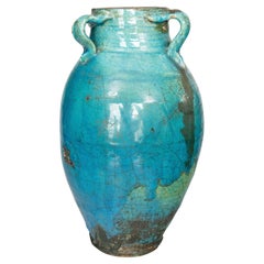Große französische türkis glasierte Terrakotta-Vase, Urne und Olivenglasur, 19. Jahrhundert
