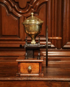 19th Century French Walnut Iron and Brass Coffee Grinder
