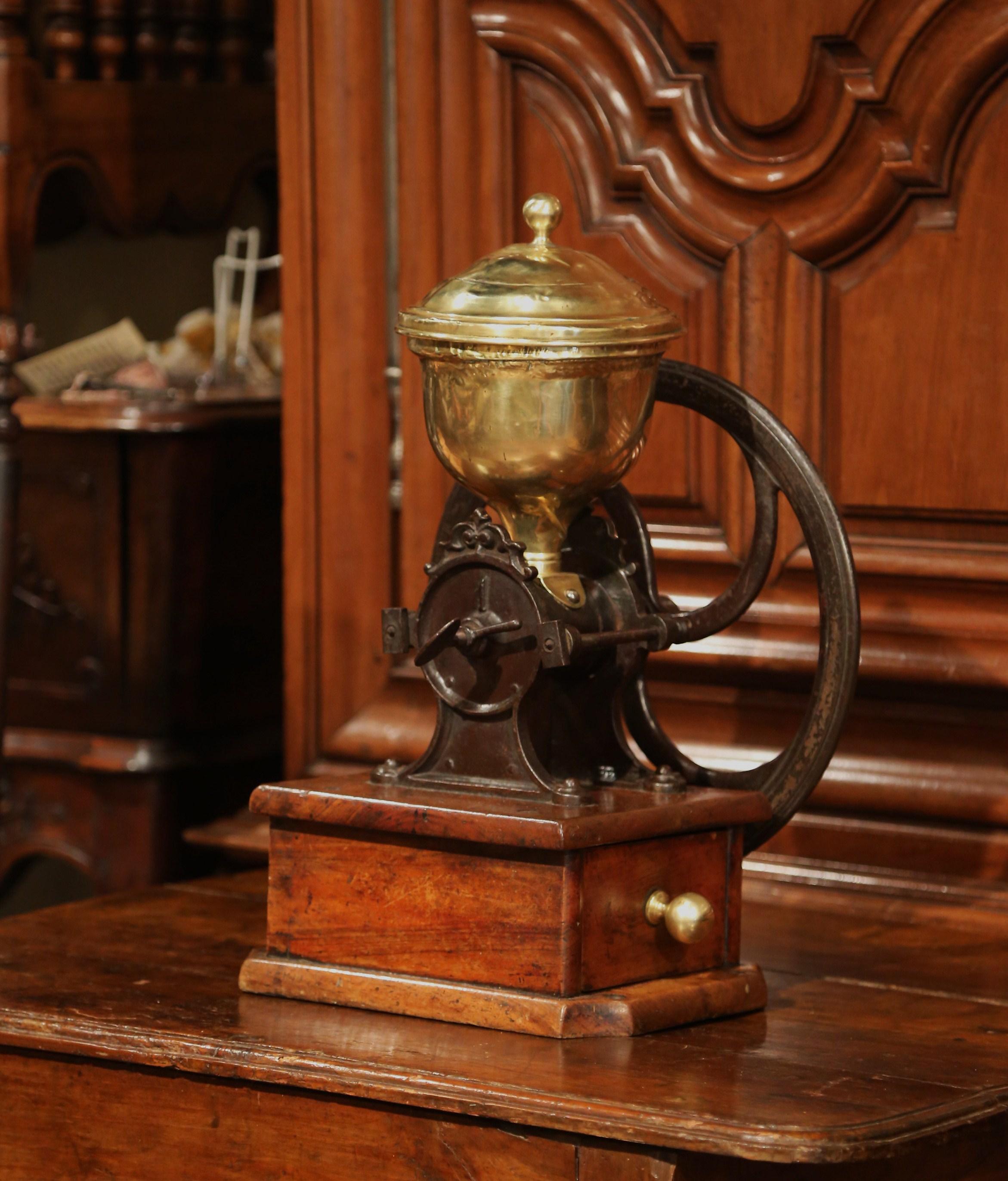 Hand-Carved  19th Century French Walnut Iron and Brass Coffee Grinder