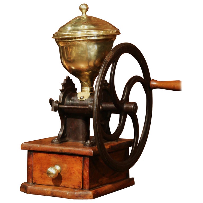 Large 19th Century French Walnut Iron and Brass Coffee Grinder For Sale