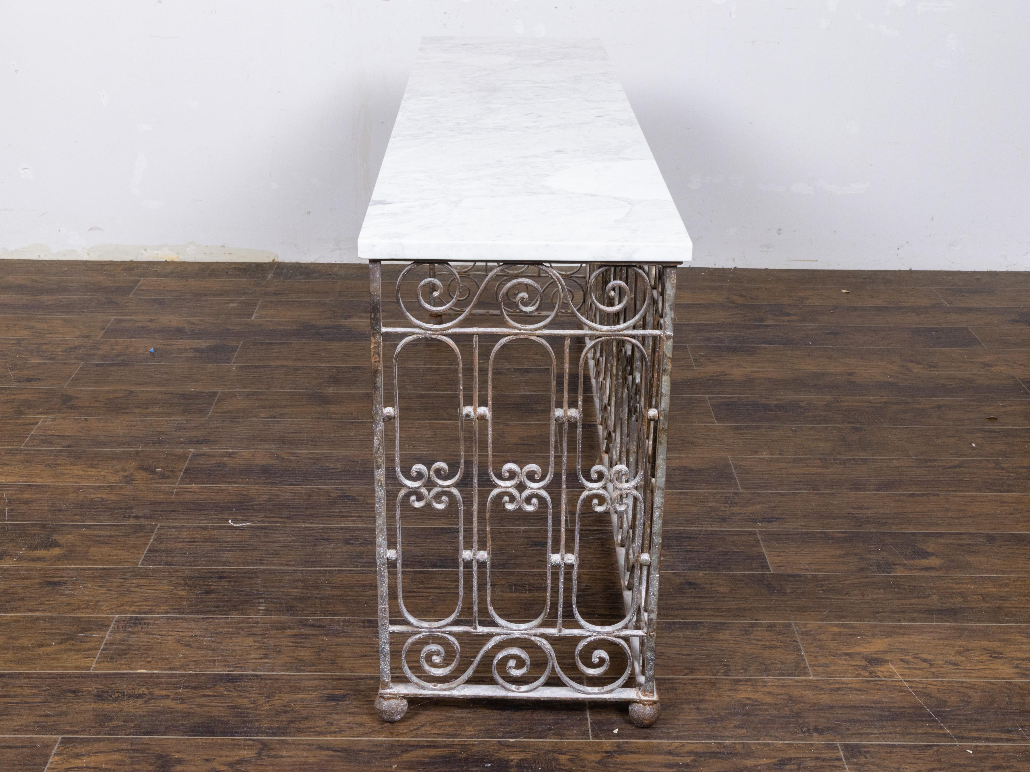 Large 19th Century French Wrought Iron Console Table with White Marble ...