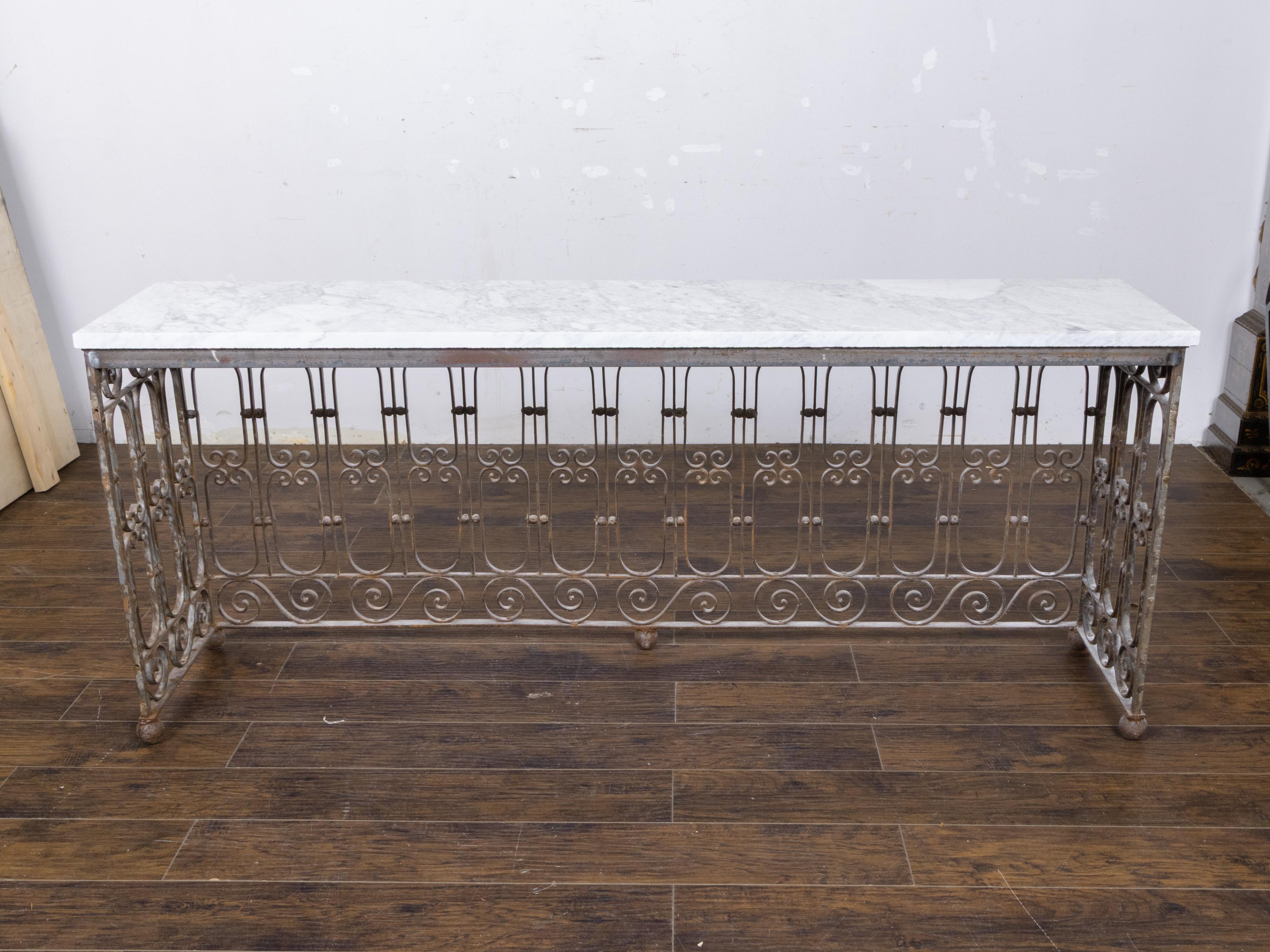 Large 19th Century French Wrought Iron Console Table with White Marble ...