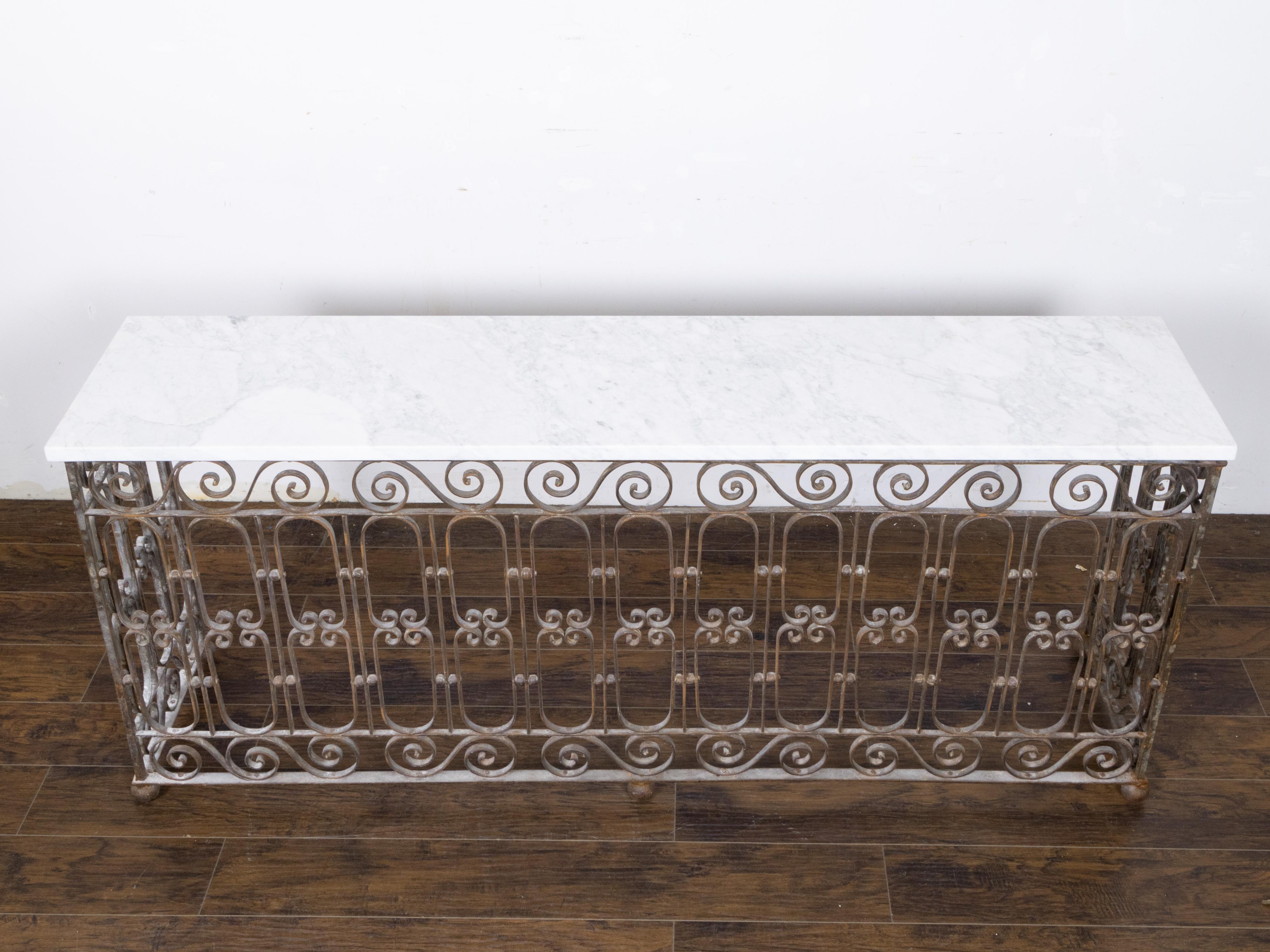 Large 19th Century French Wrought Iron Console Table with White Marble ...