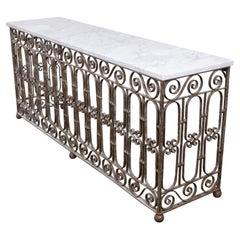 Large 19th Century French Wrought Iron Console Table with White Marble Top