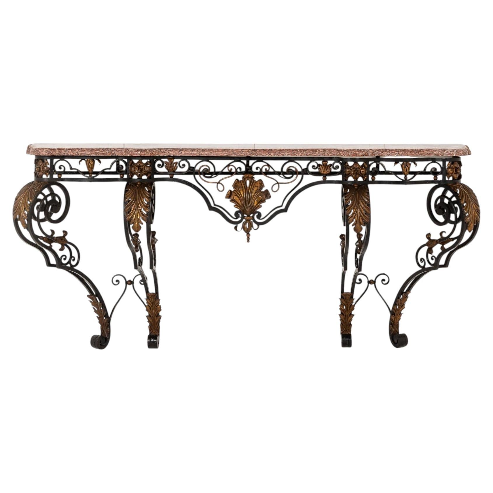 Large 19th Century French Wrought Iron Console with Marble Top