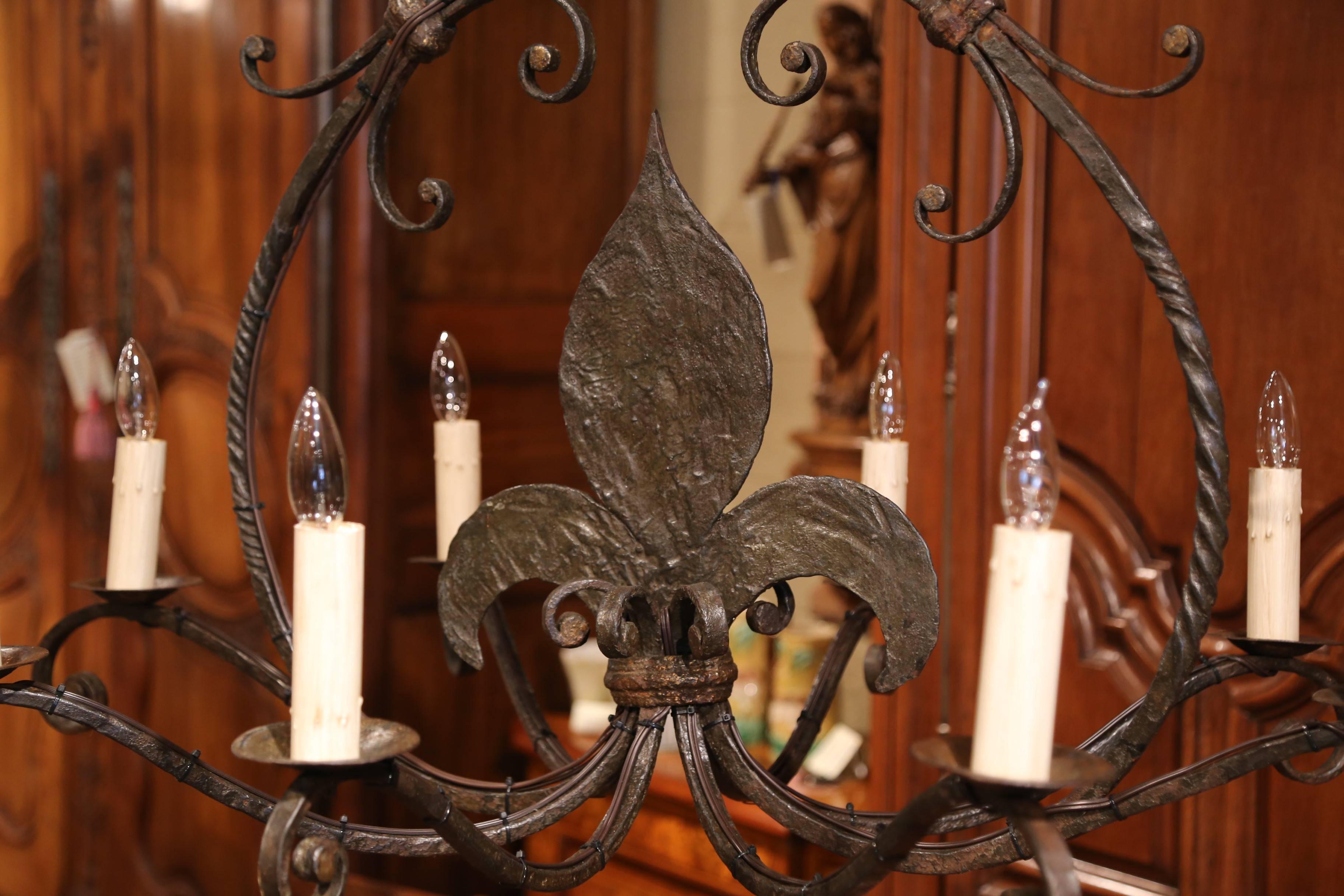 Large 19th Century French Wrought Iron Eight-Light Chandelier with Fleur-de-Lys 1