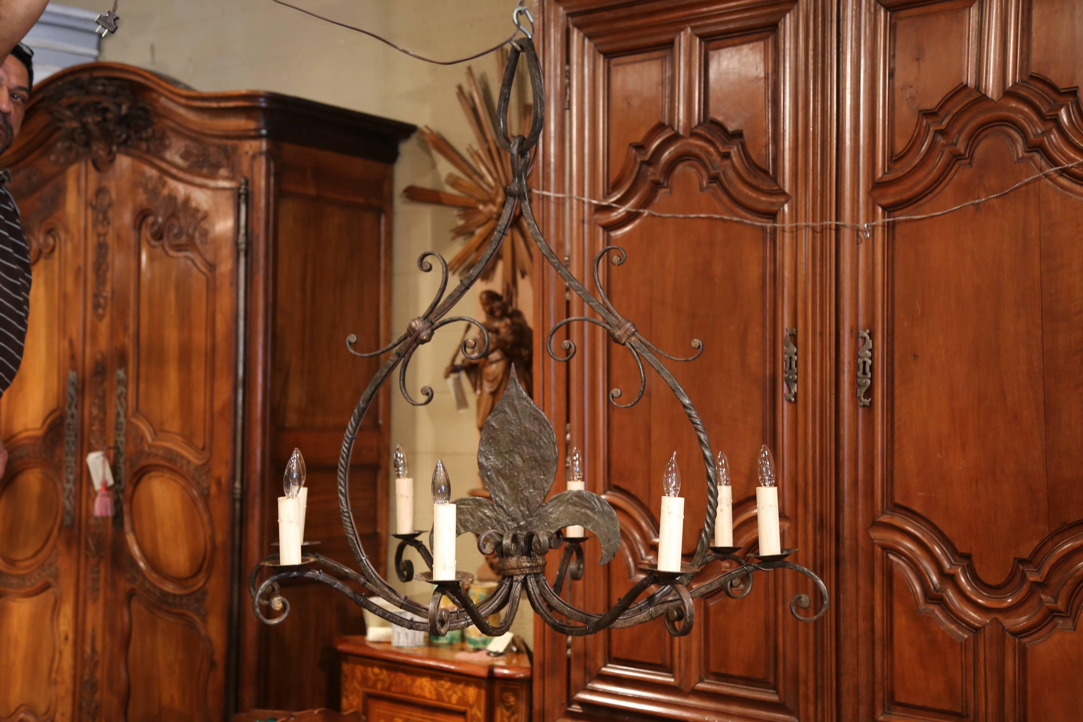 Large 19th Century French Wrought Iron Eight-Light Chandelier with Fleur-de-Lys 2