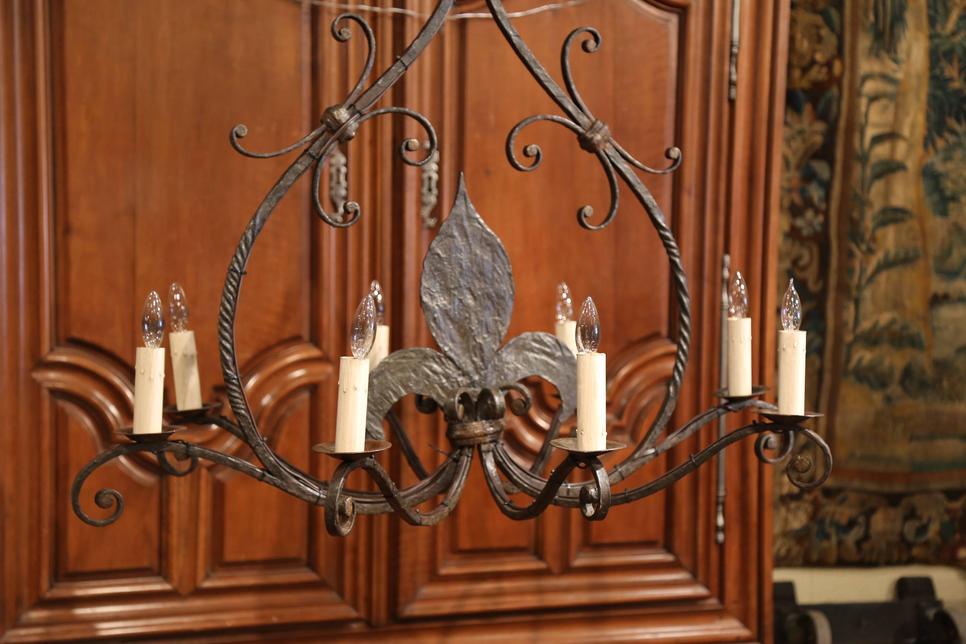 Large 19th Century French Wrought Iron Eight-Light Chandelier with Fleur-de-Lys 4