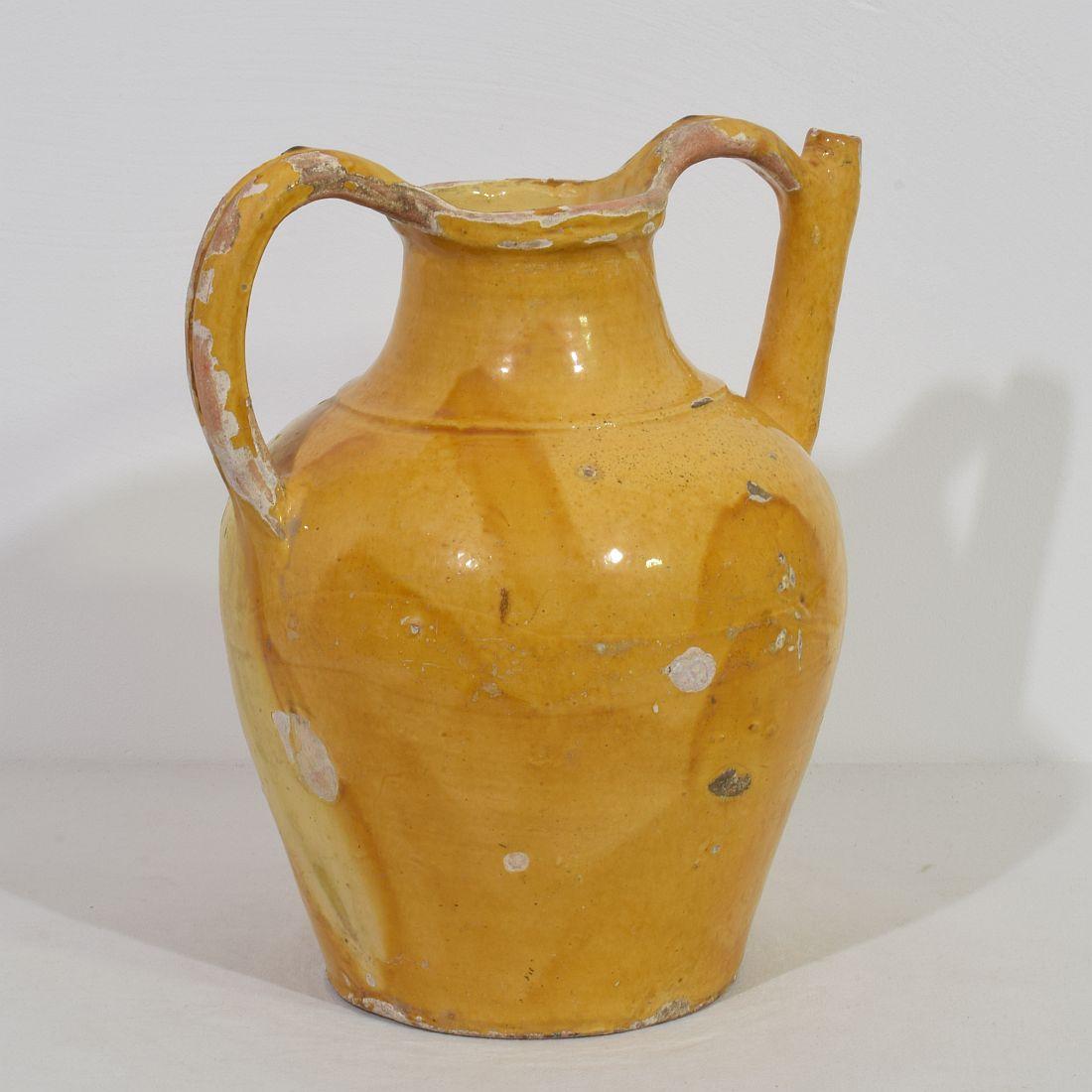 French Provincial Large 19th Century French Yellow Glazed Terracotta Jug or Water Cruche, 'Orjol' For Sale