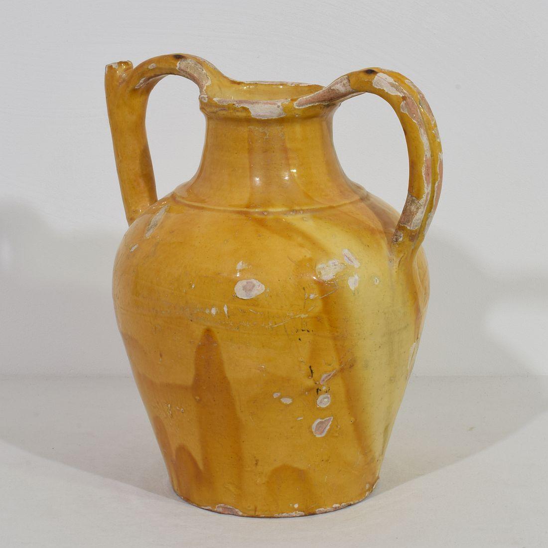 Large 19th Century French Yellow Glazed Terracotta Jug or Water Cruche, 'Orjol' For Sale 1
