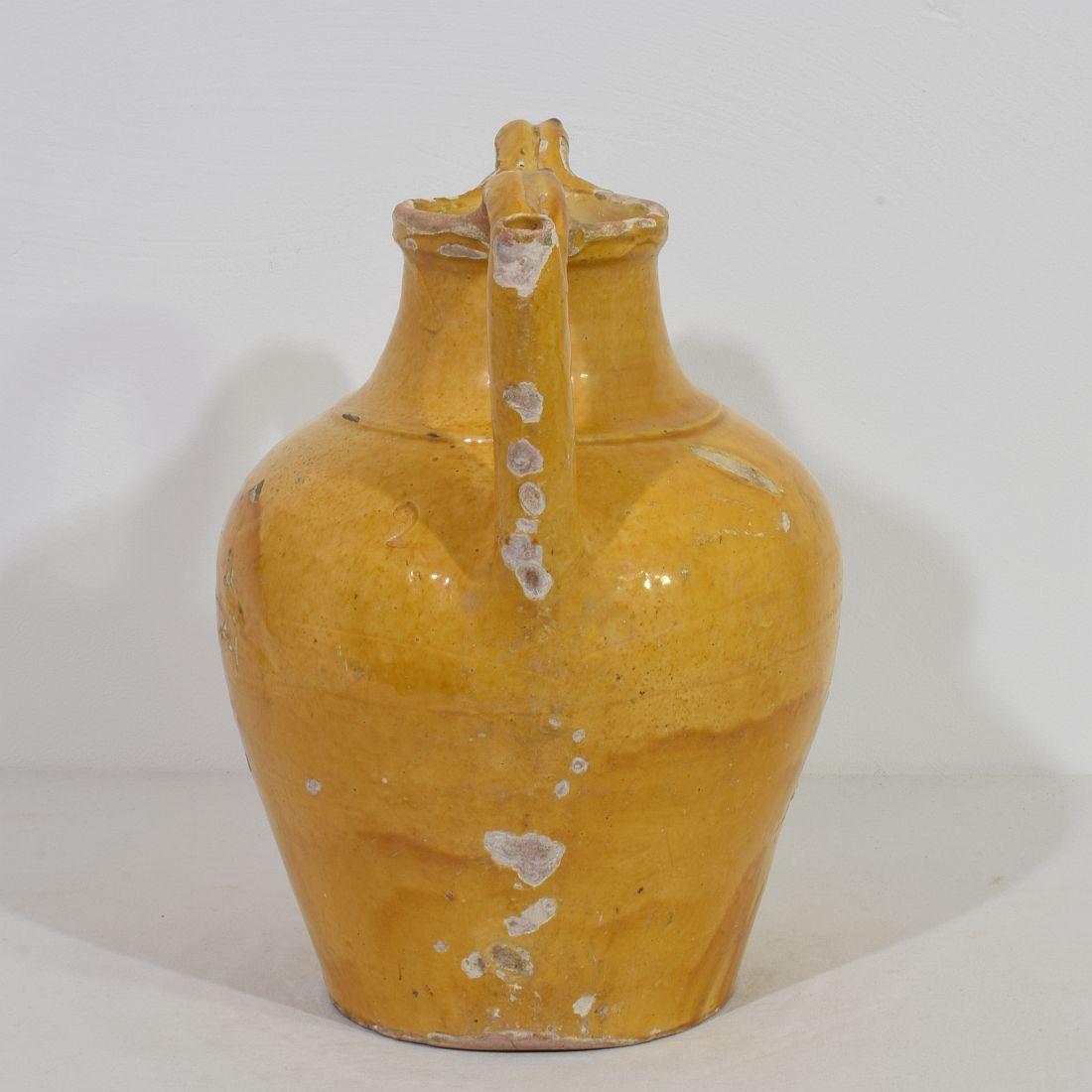 Large 19th Century French Yellow Glazed Terracotta Jug or Water Cruche, 'Orjol' For Sale 4