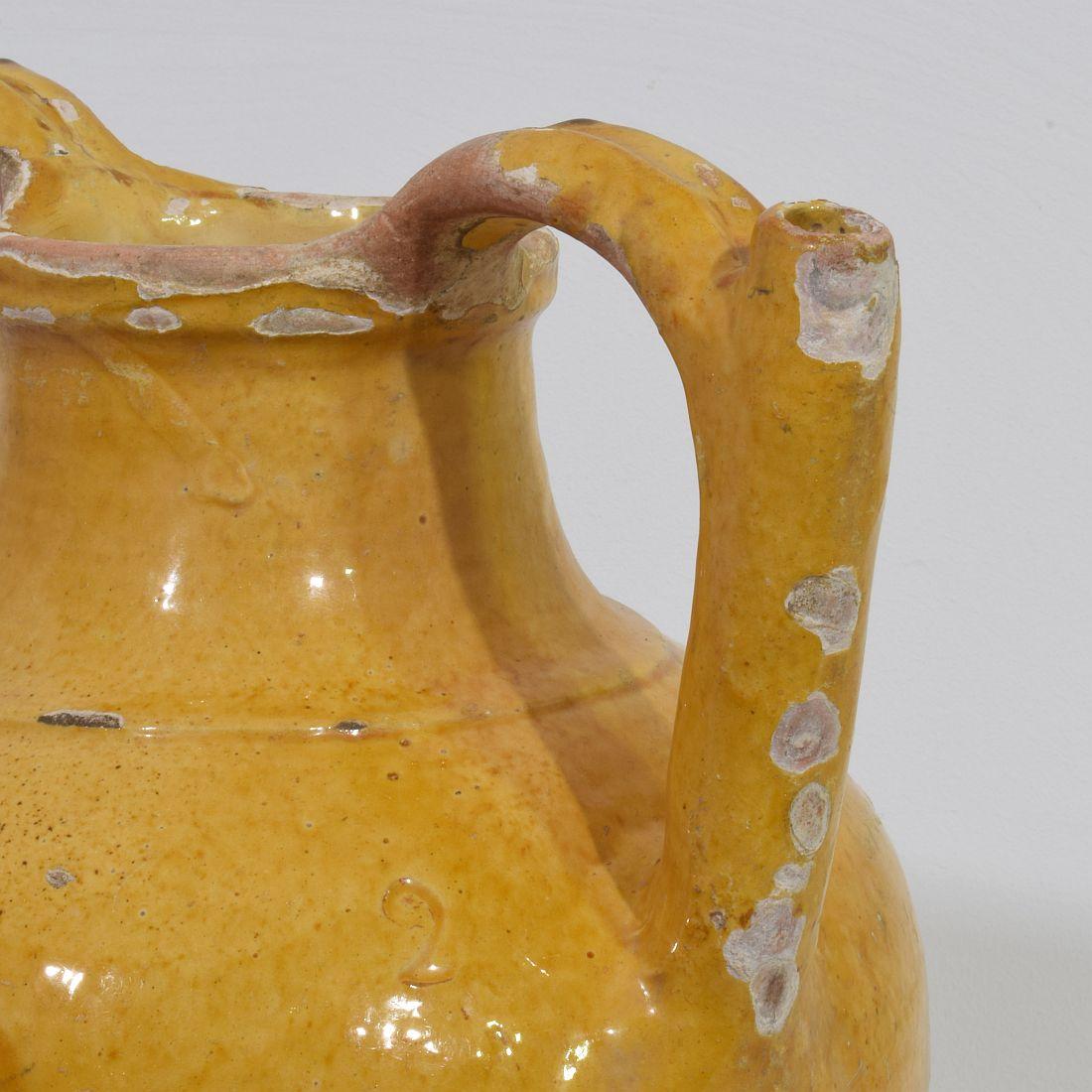 Large 19th Century French Yellow Glazed Terracotta Jug or Water Cruche, 'Orjol' For Sale 5