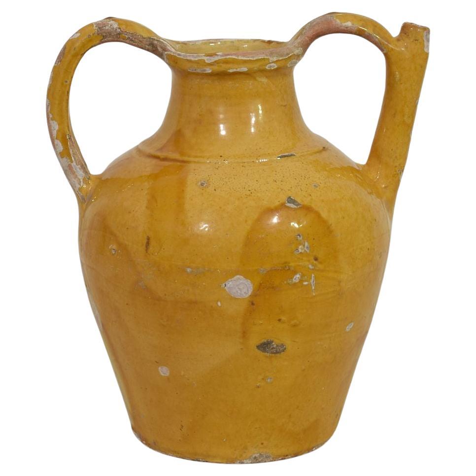 Large 19th Century French Yellow Glazed Terracotta Jug or Water Cruche, 
Orjol
 For Sale