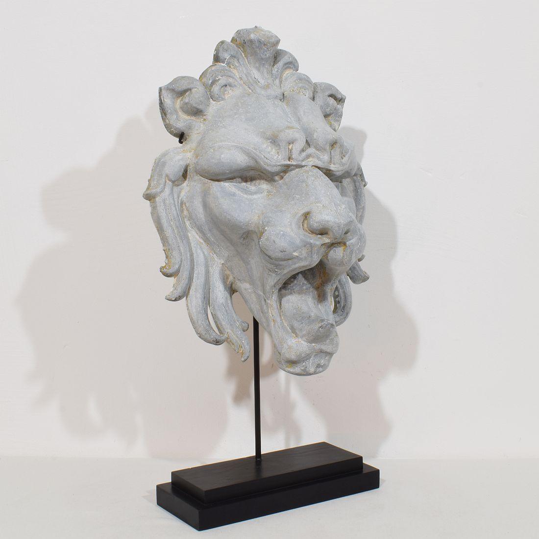 Hand-Crafted Large 19th Century, French Zinc Lion Head Fragment