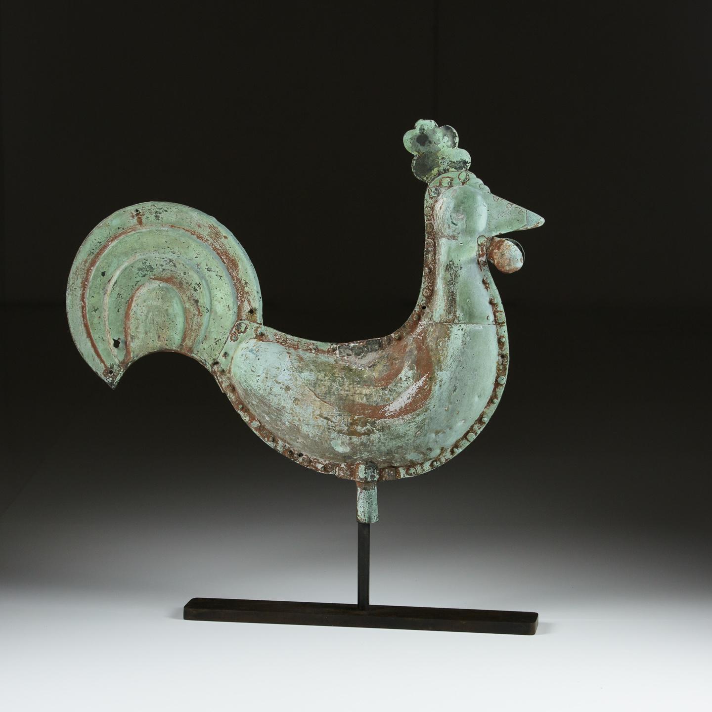 Early 19th Century Coq de Clocher Weathervane. In Copper with a natural verdigris surface. As expected condition (several pellet holes) 
Burgundy, France, Circa 1840.
Measurement inc Stand