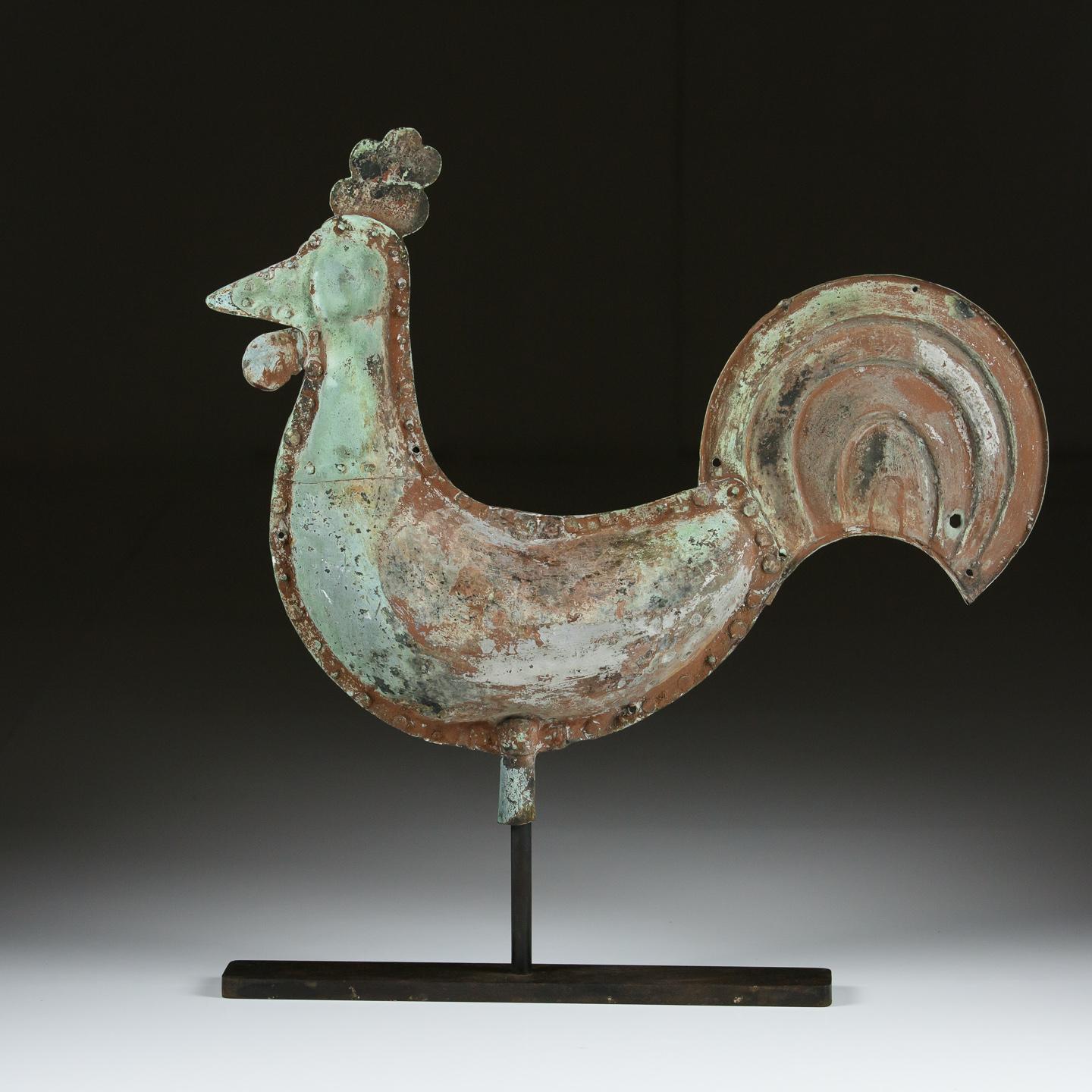 Large 19th Century Full Bodied Cockerel Weathervane In Original Verdigris Finish In Distressed Condition In Pease pottage, West Sussex