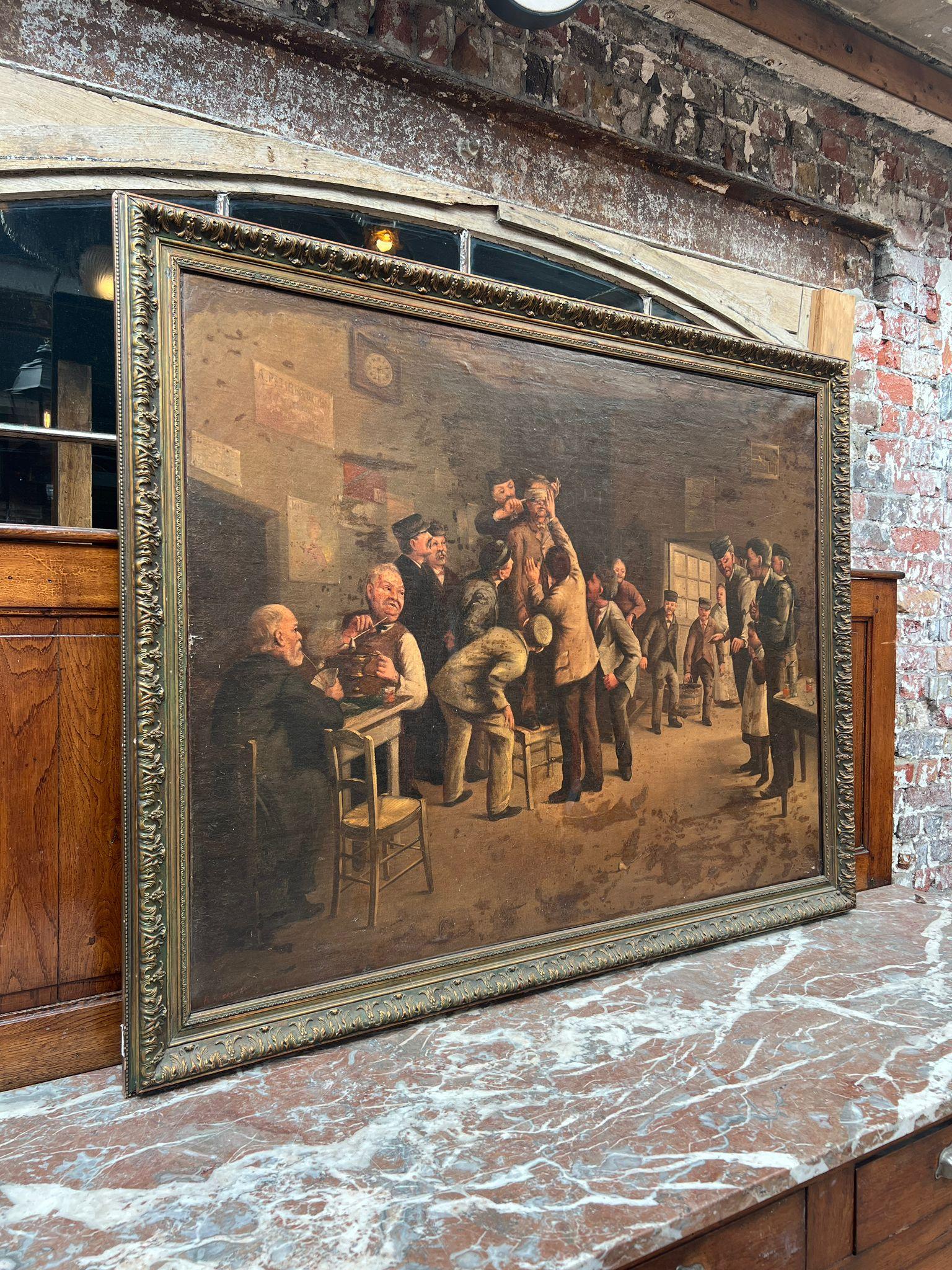 Français Grande peinture à l'huile de scène de genre du 19e siècle - 