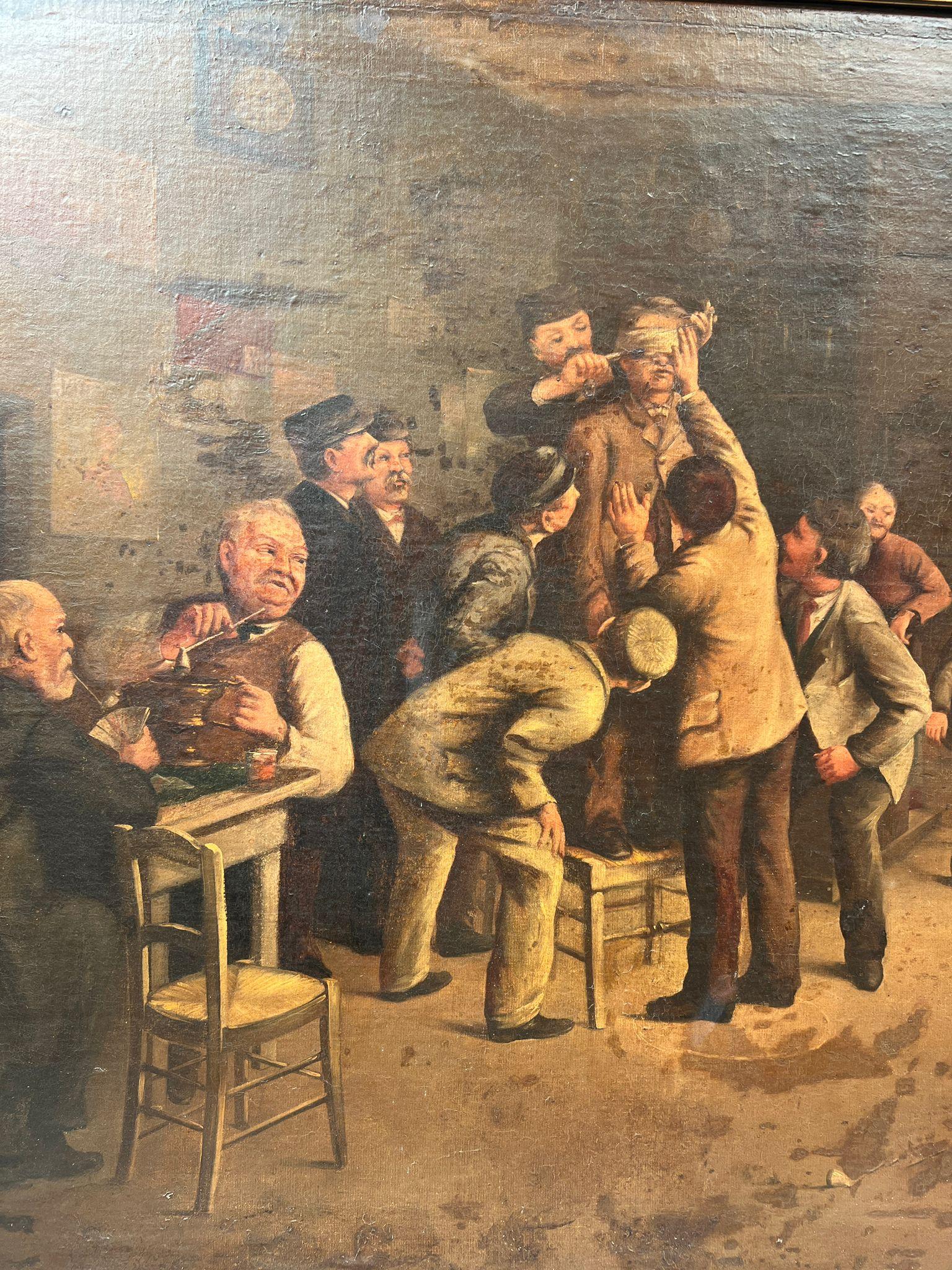 Grande peinture à l'huile de scène de genre du 19e siècle - 